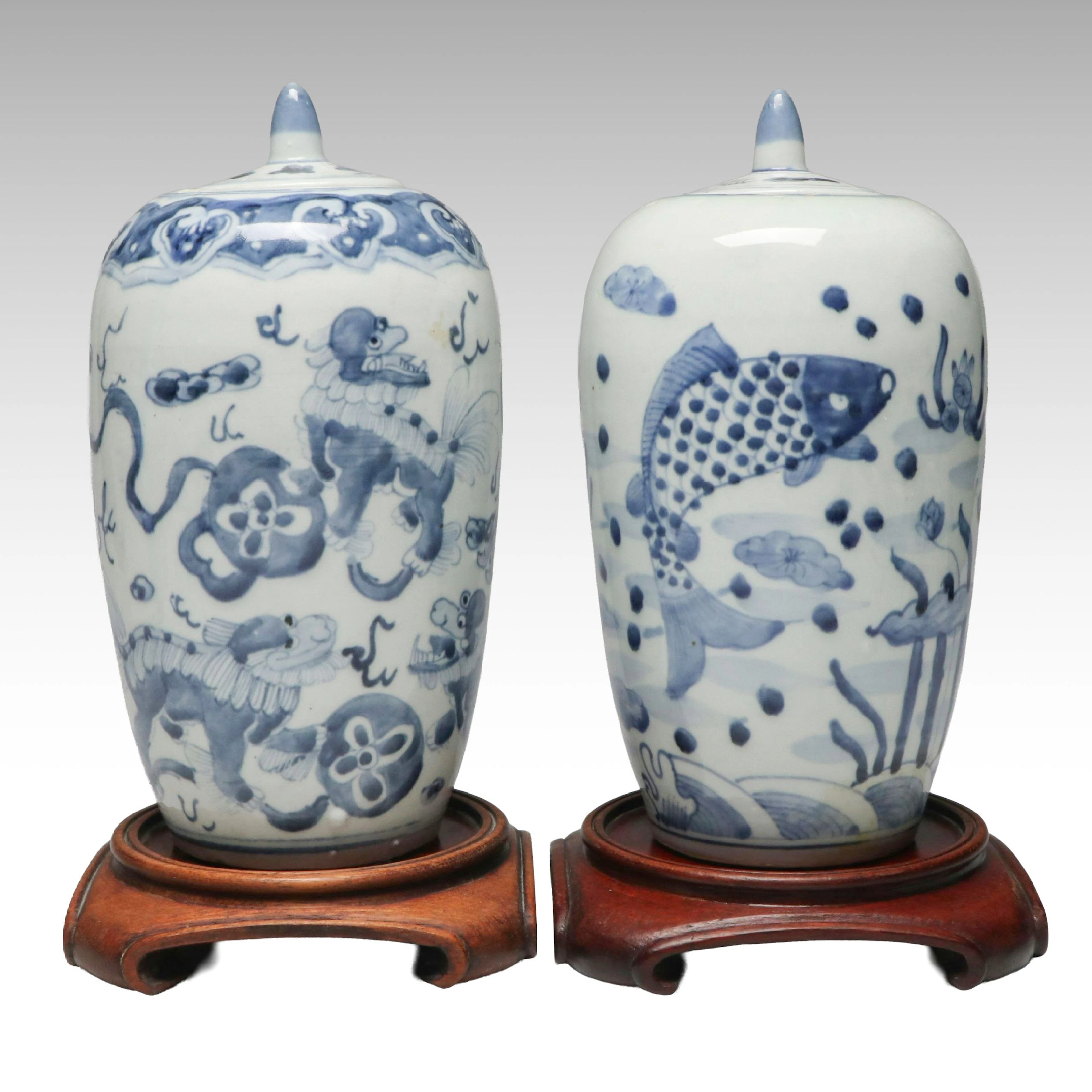 East Asian Style Porcelain Dragon Ginger Jars with Wood Stands