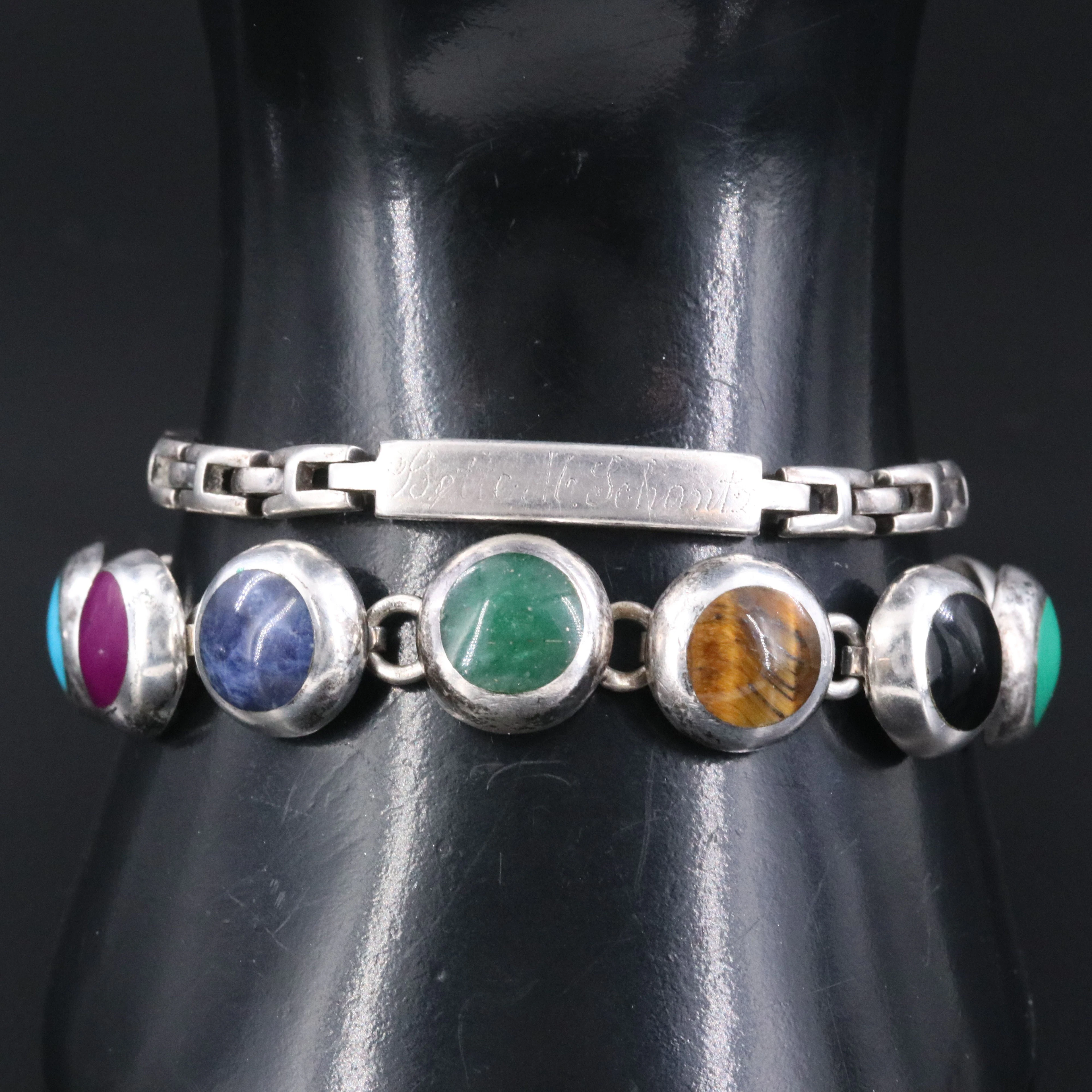 Sterling Gemstone and Vintage ID Bracelets Including Malachite and Sodalite