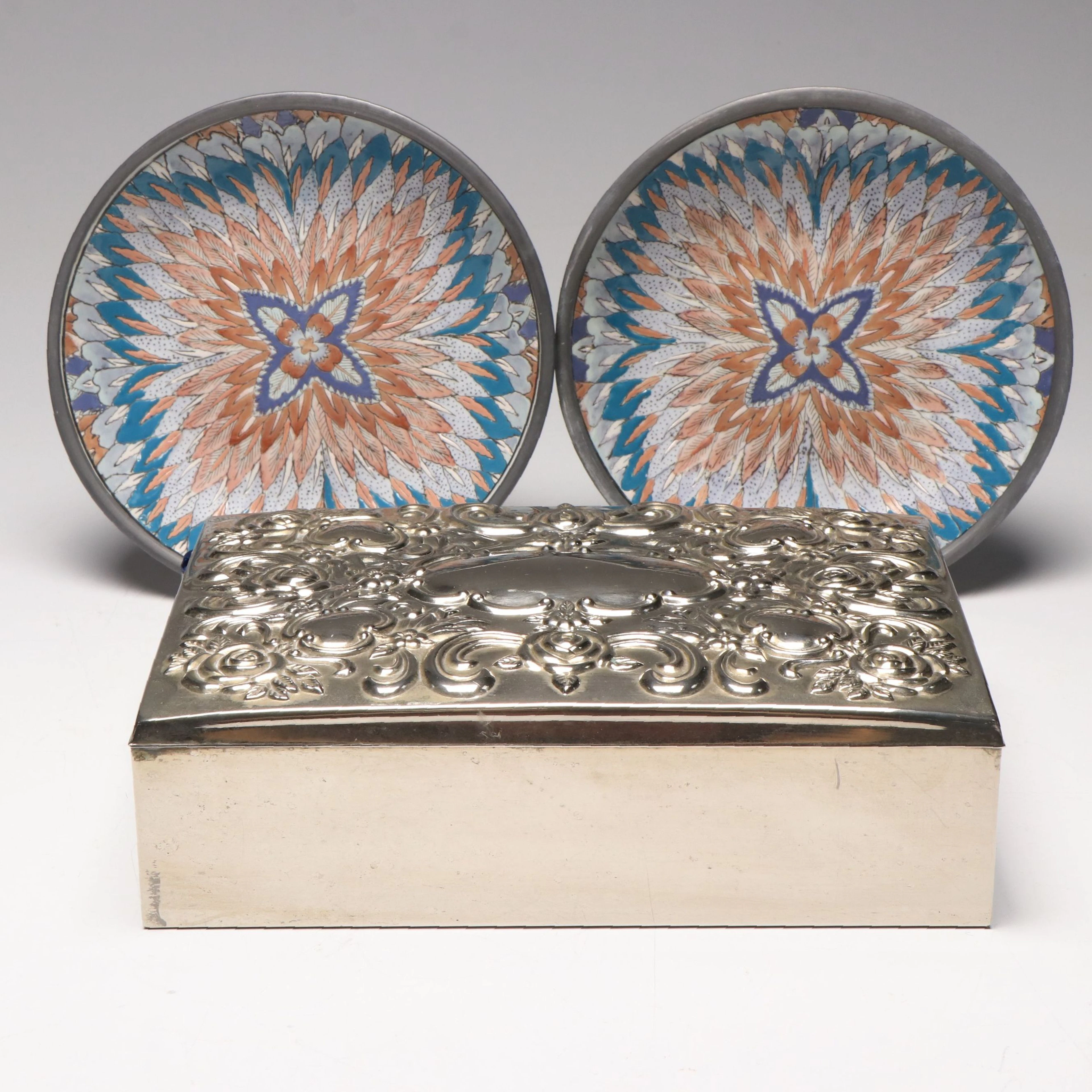Godinger Silver Plate Embossed Jewelry Box and Neiman Marcus Decorative Bowls