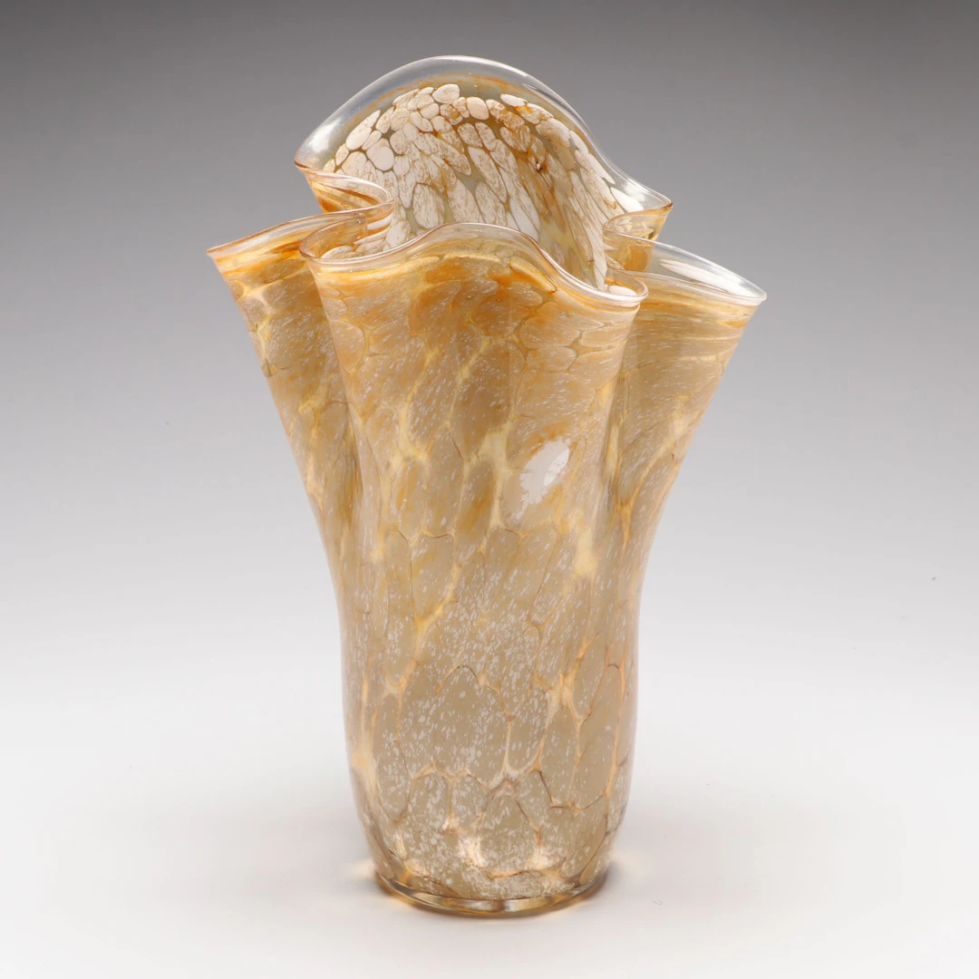 Mid Century Modern Style Spotted Amber Glass Handkerchief Vase