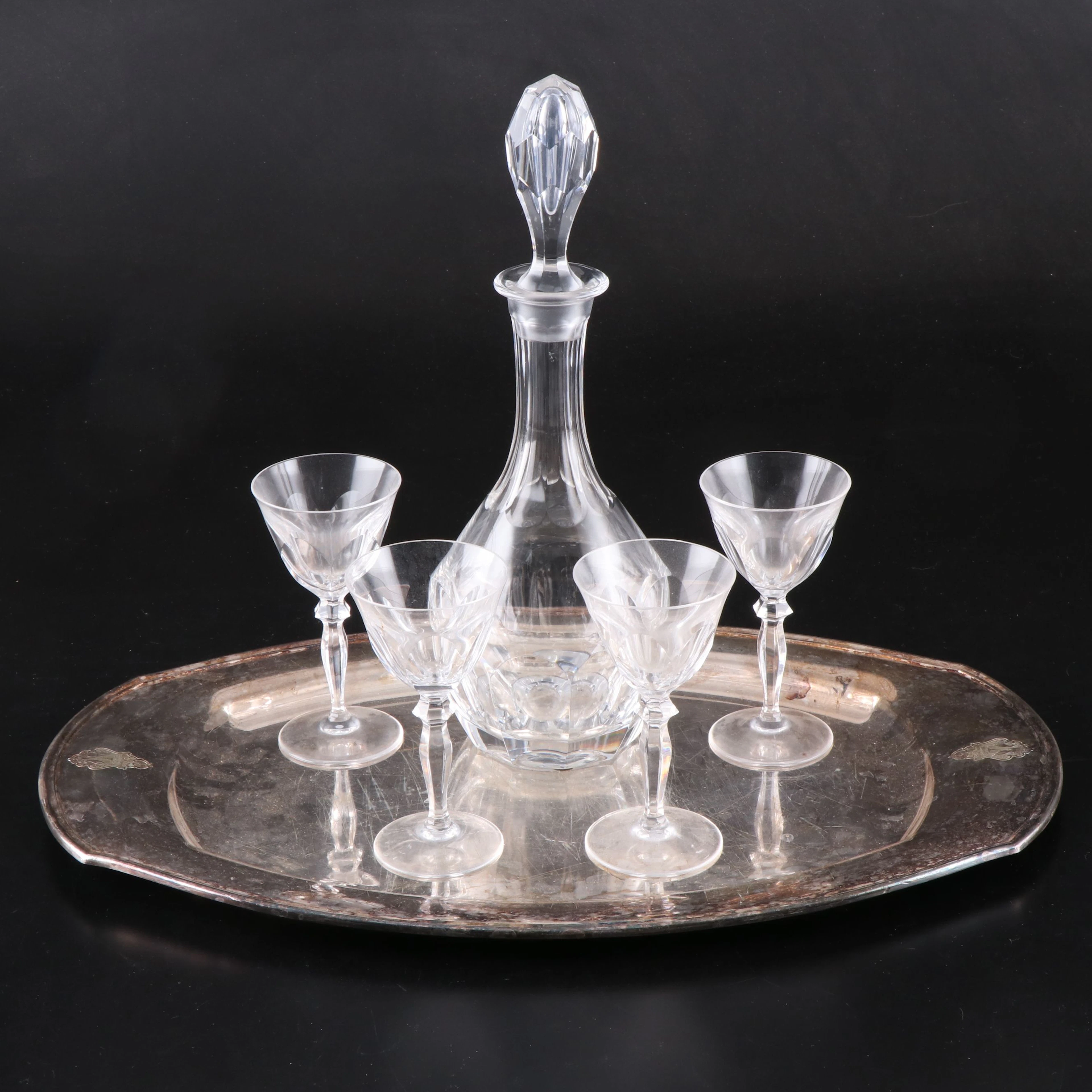 Crystal Decanter and Cordial Glass Set with Silver Plate Tray