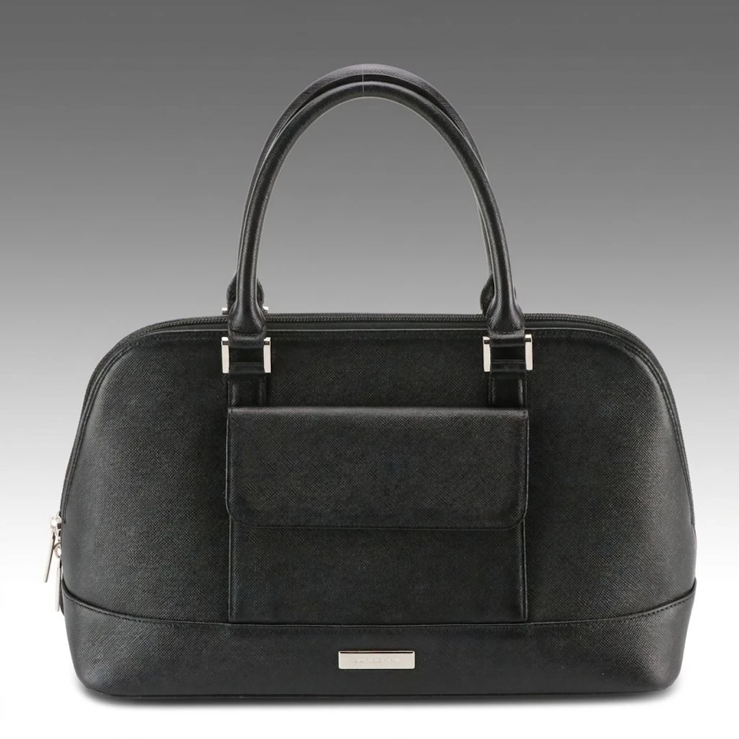 Burberry Front Pocket Dome Handbag in Black Saffiano Leather