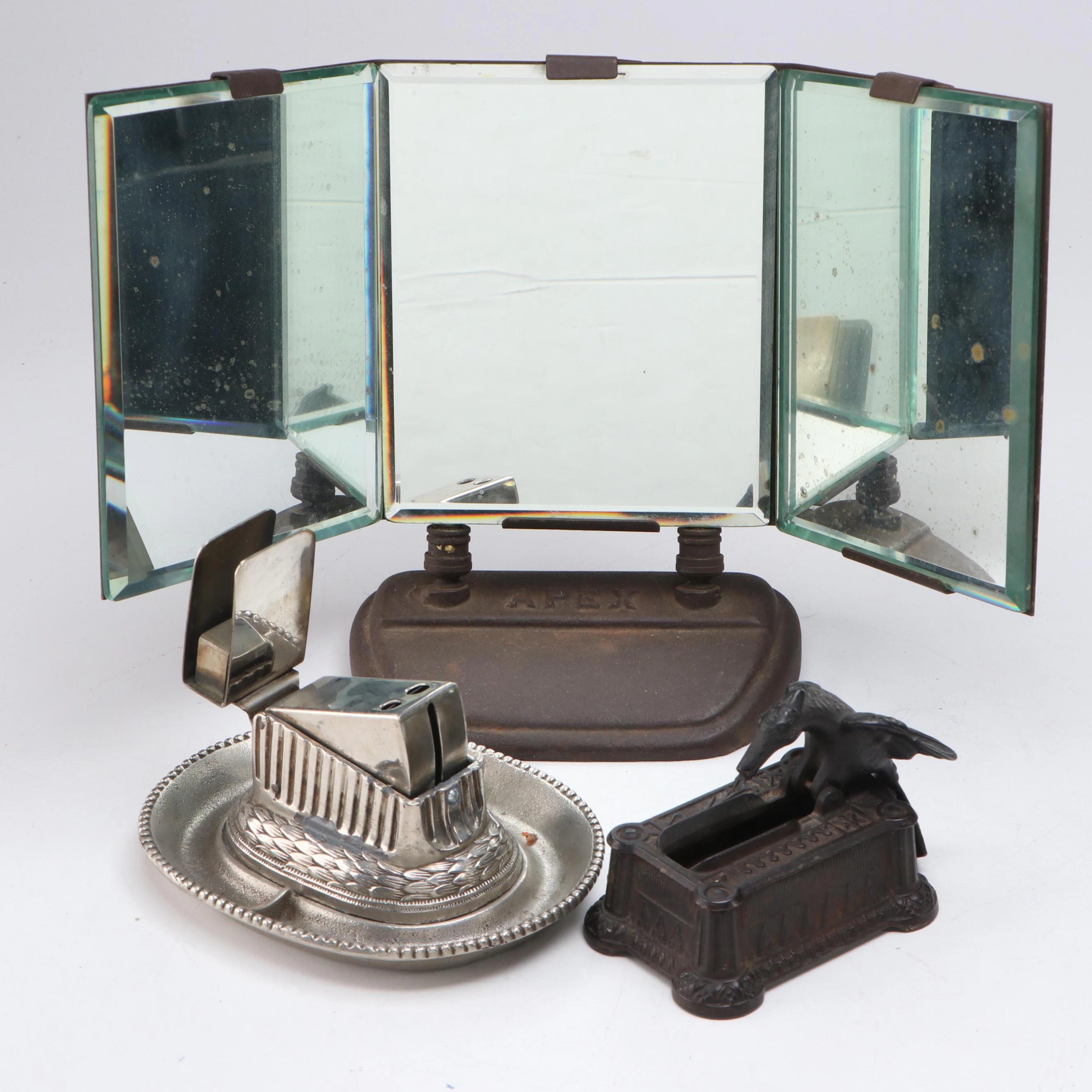 Apex Cast Iron Triptych Tabletop Mirror with Match Holder and Cigar Cutter