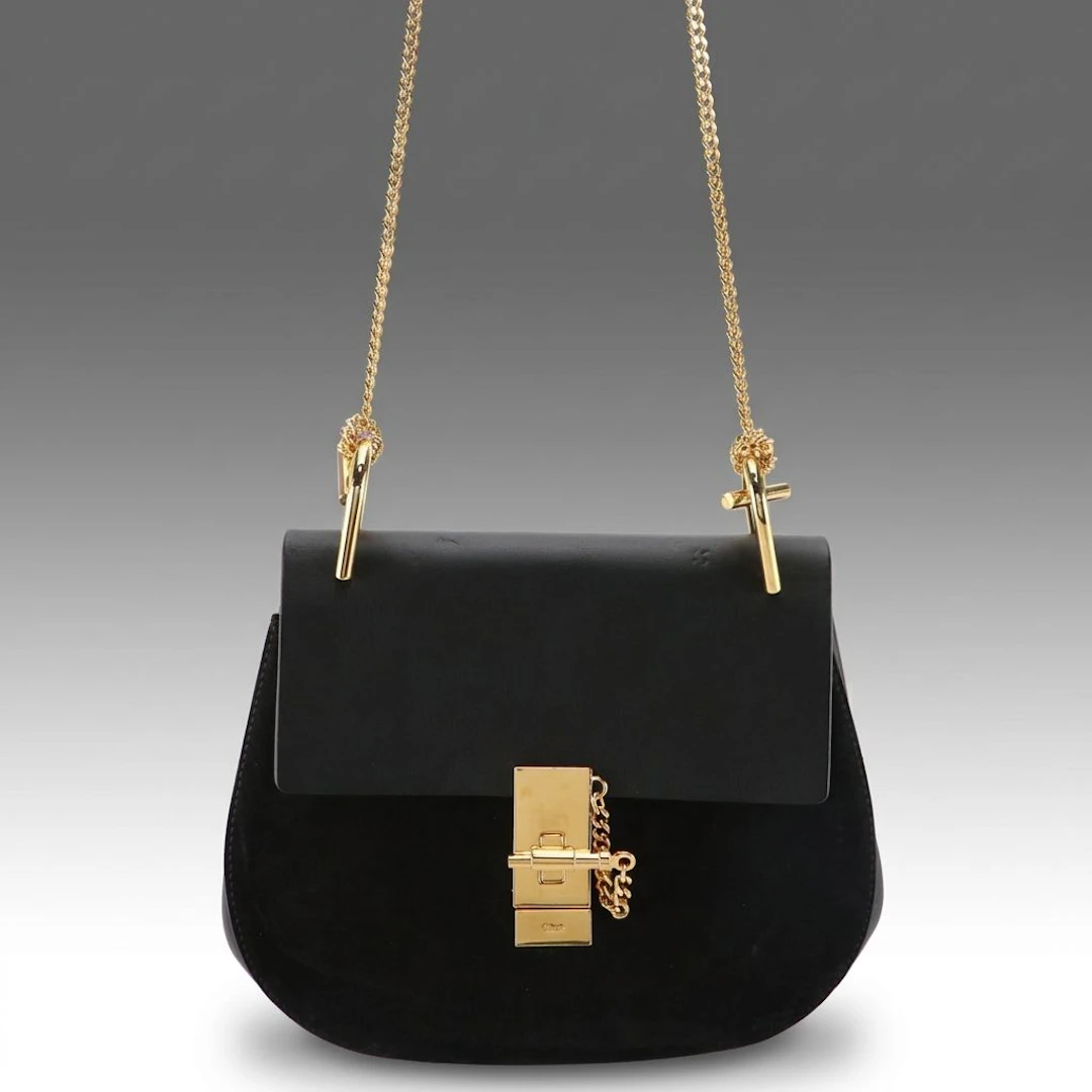 Chloé Drew Shoulder Bag in Black Suede and Leather with Twist Lock