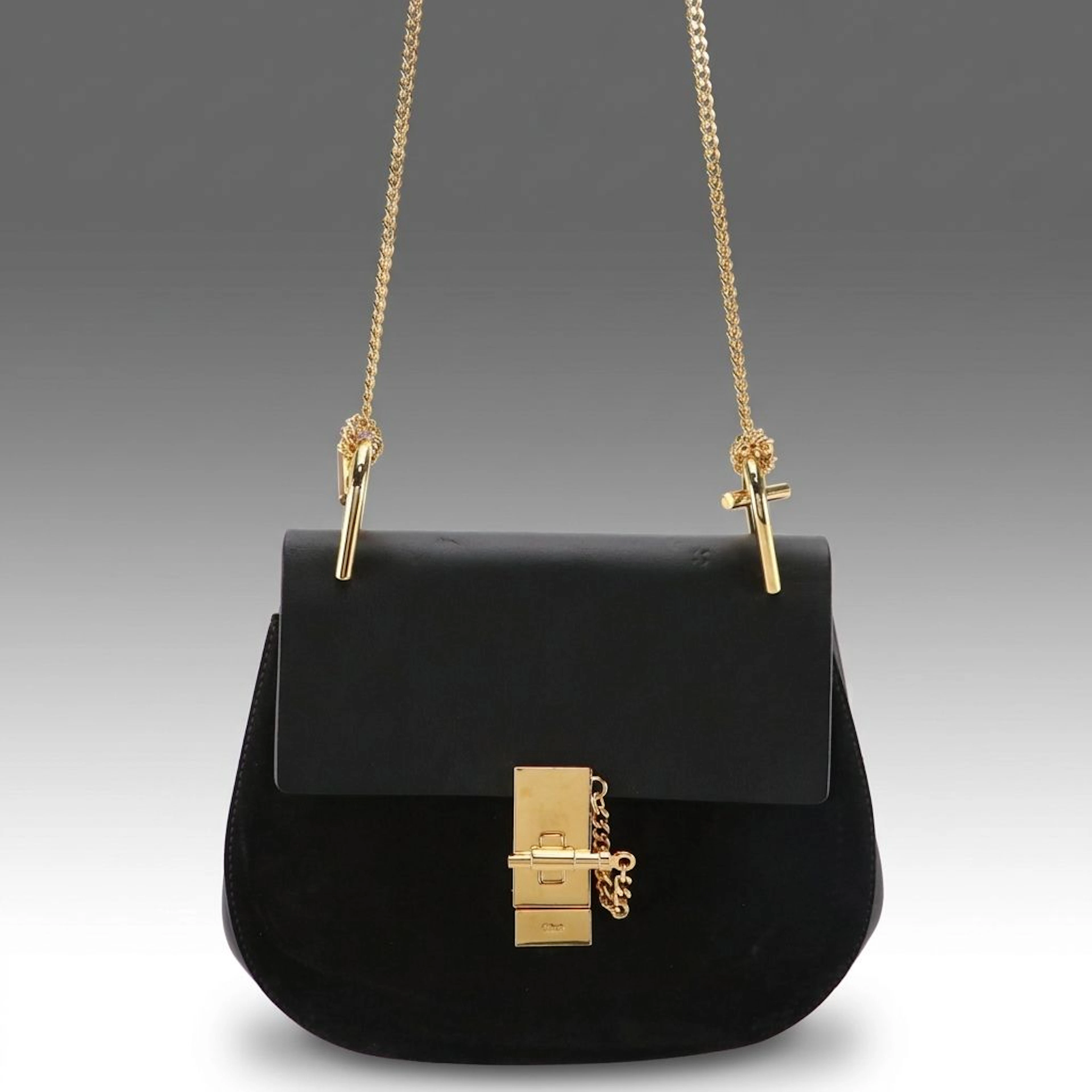 Chloé Drew Shoulder Bag in Black Suede and Leather with Twist Lock
