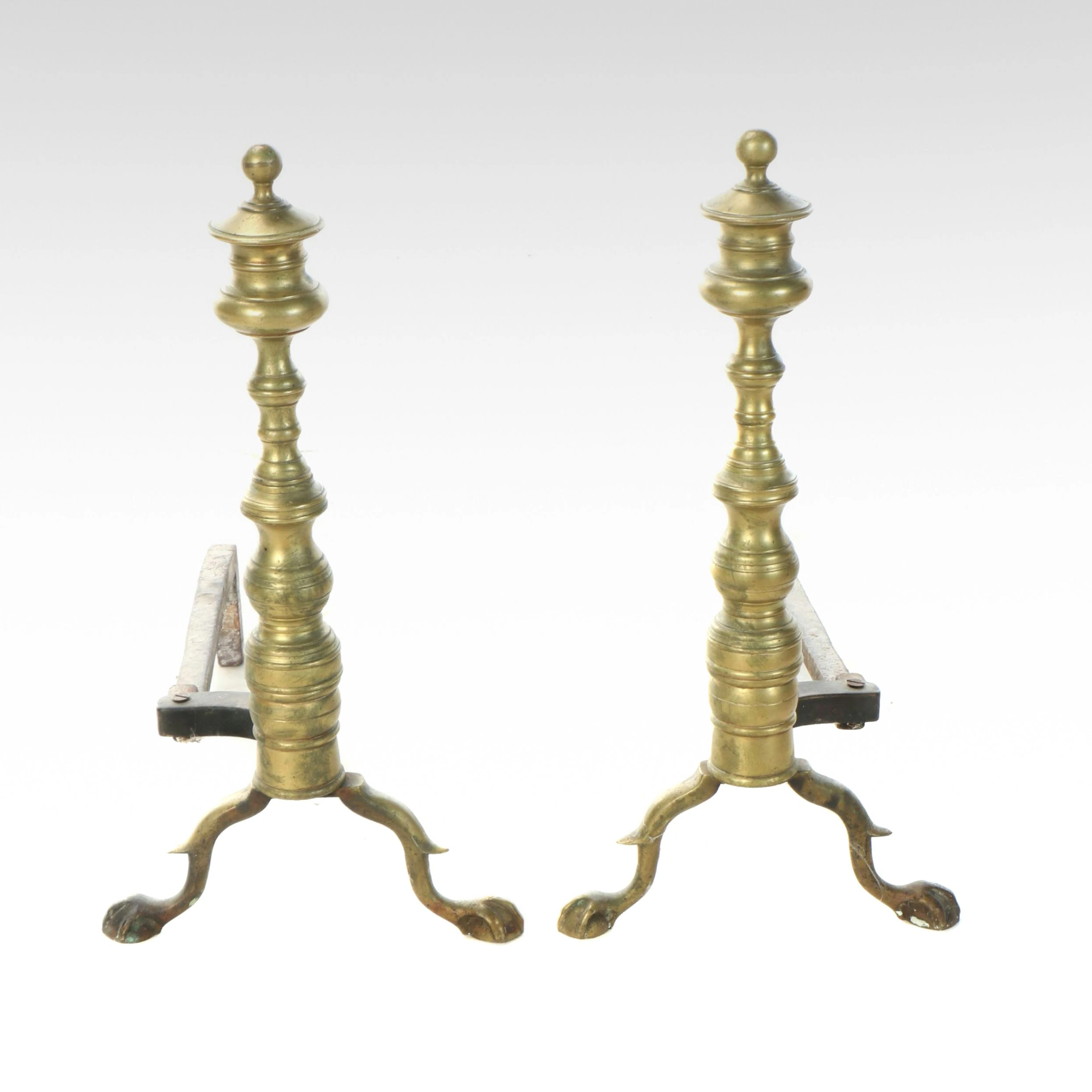 Chippendale Style Brass and Cast Iron Andirons, Late 19th/ Early 20th Century