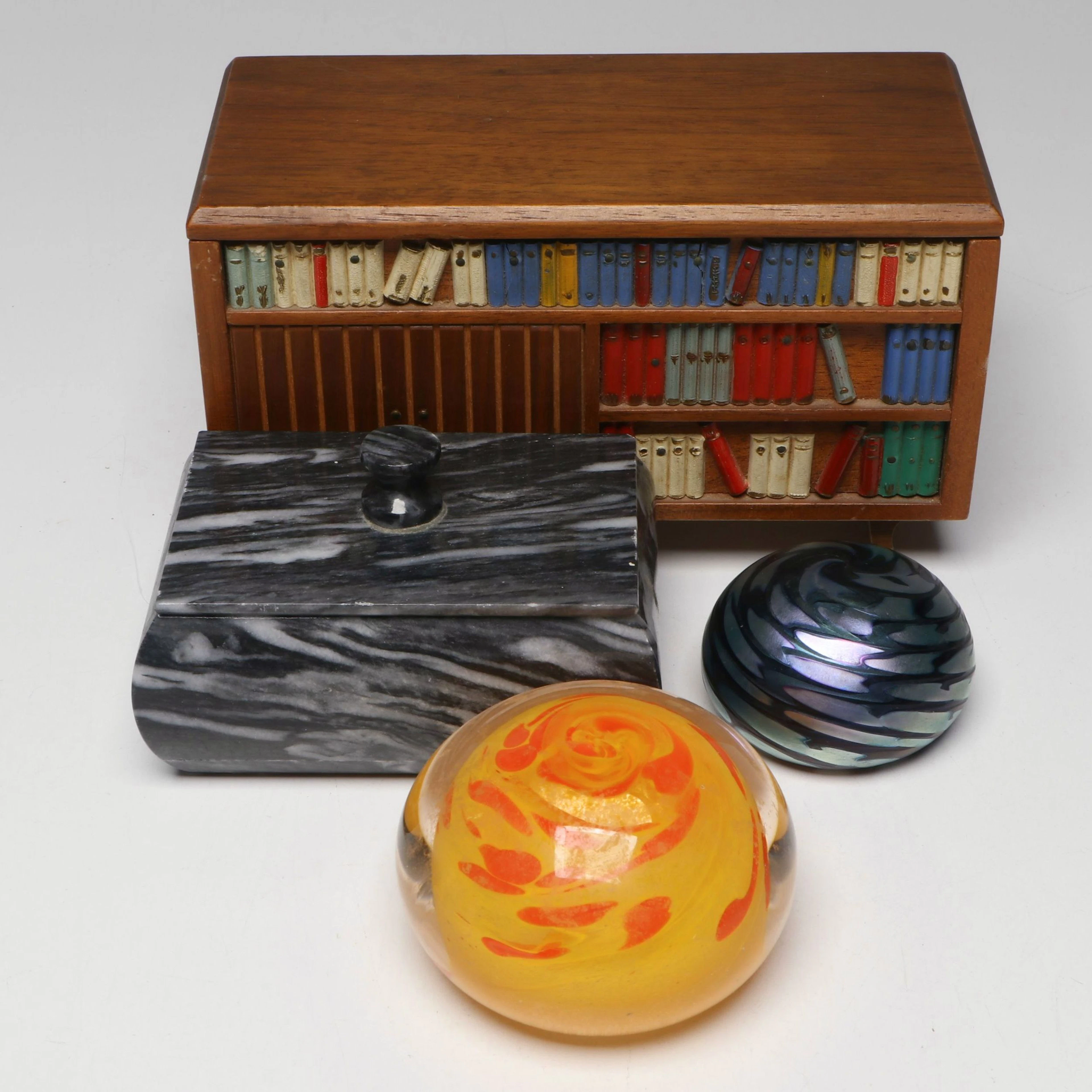 Lotton and Livefire Art Glass Paperweights with Stone and Bookshelf Form Boxes