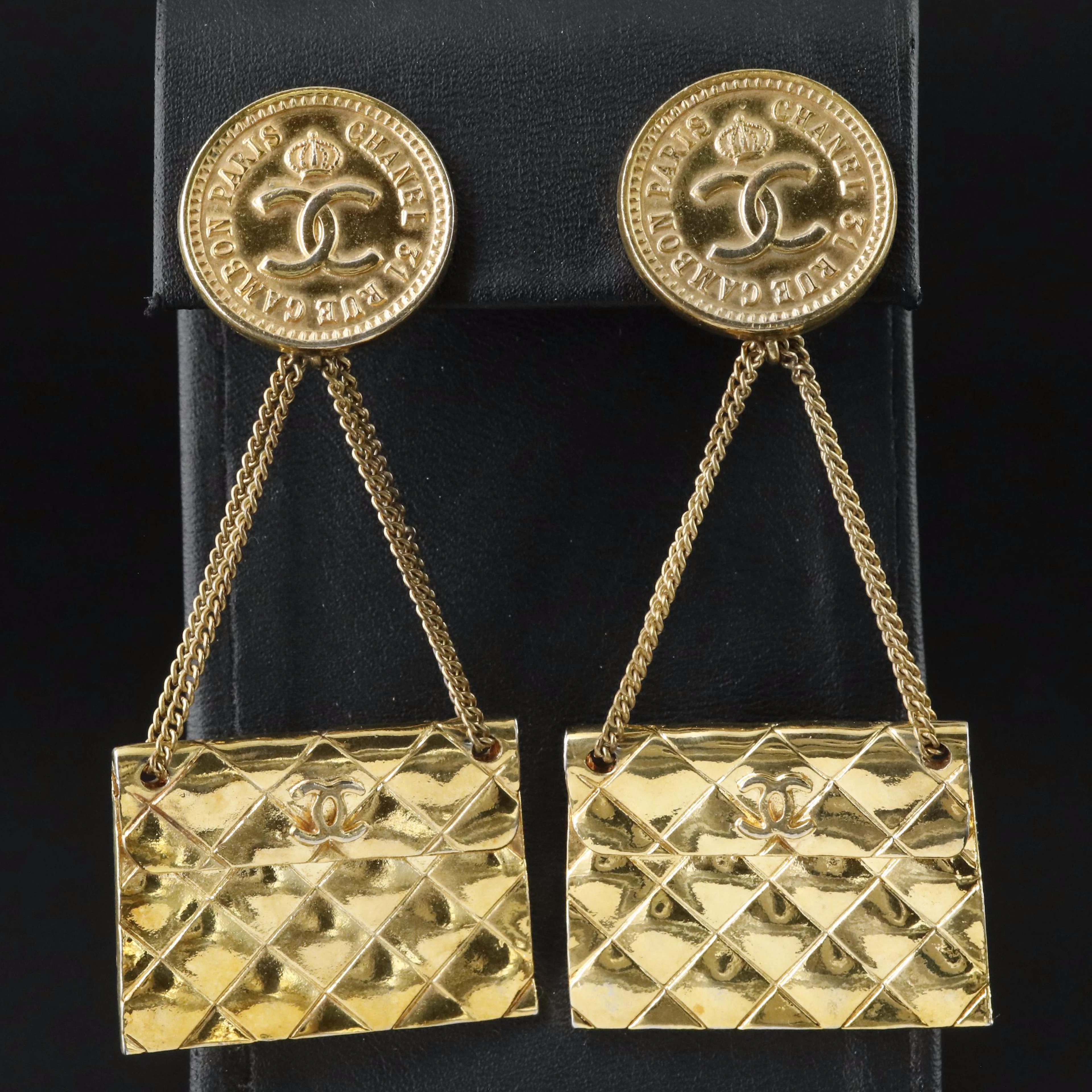 Chanel CC Quilted Handbag Clip Earrings Vintage