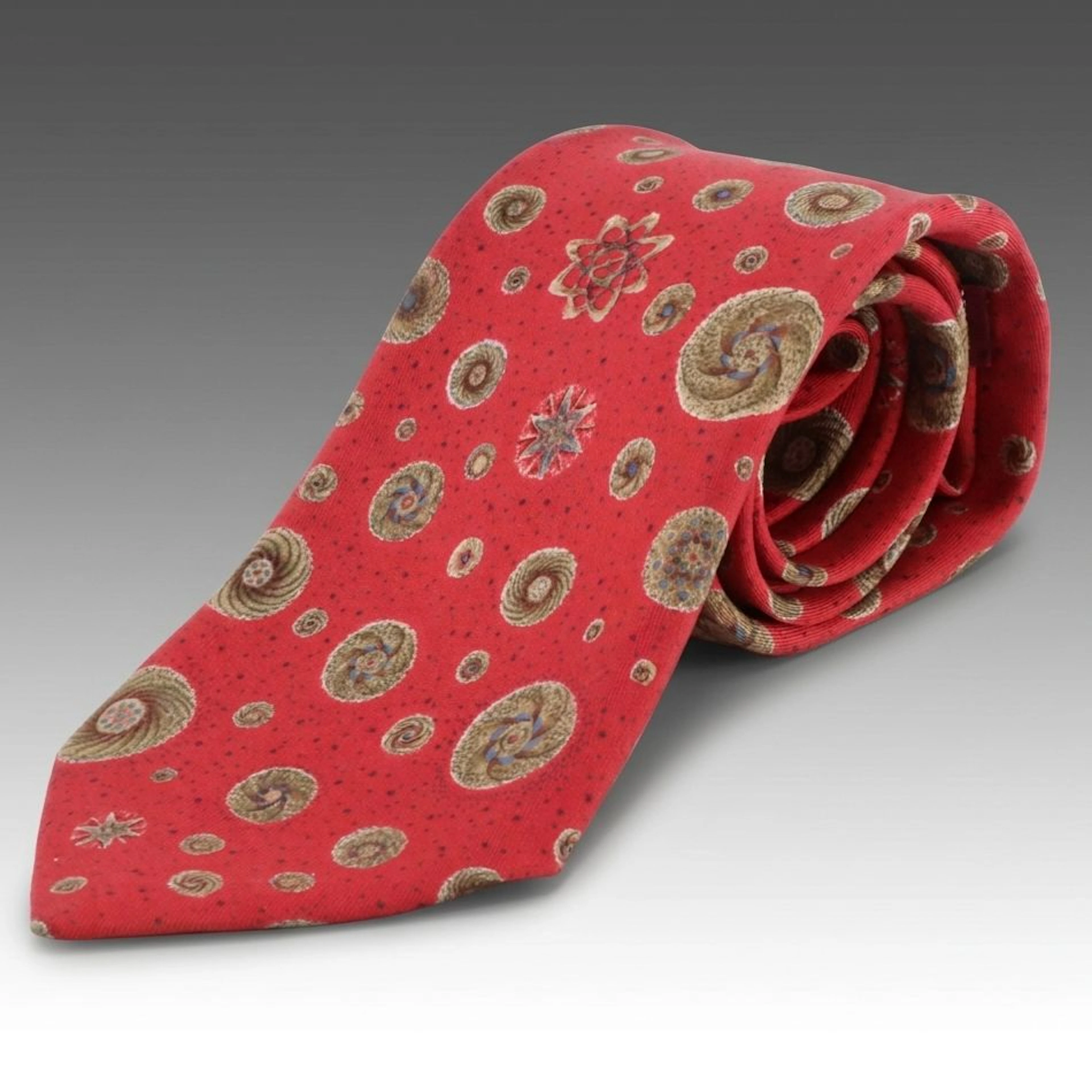 Hermès Silk Neck Tie in Red Multicolor Circle and Star Pattern