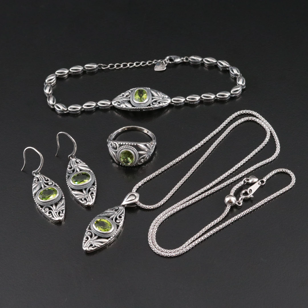 Sterling and Peridot Ornate Necklace, Bracelet, Earrings, and Ring