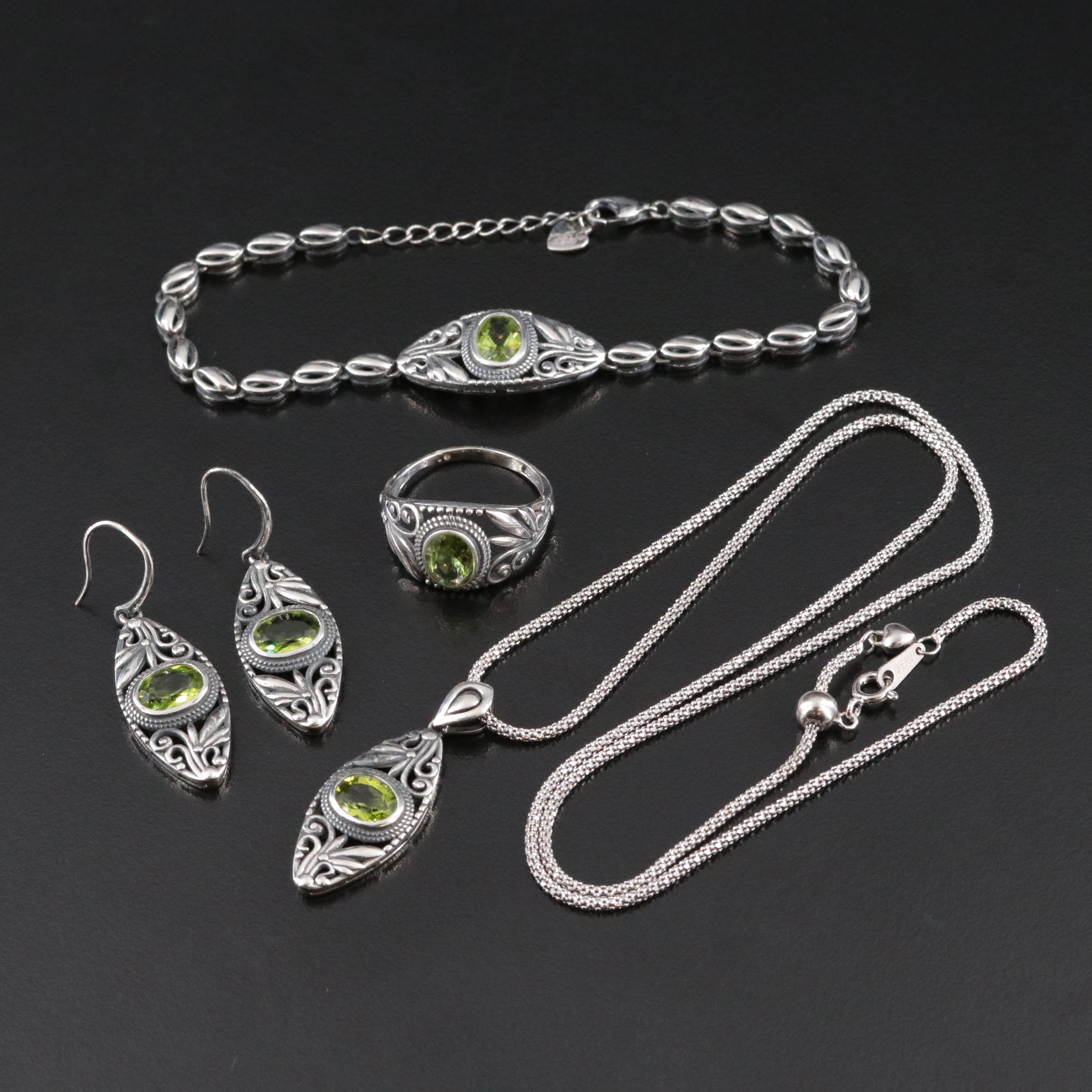 Sterling and Peridot Ornate Necklace, Bracelet, Earrings, and Ring