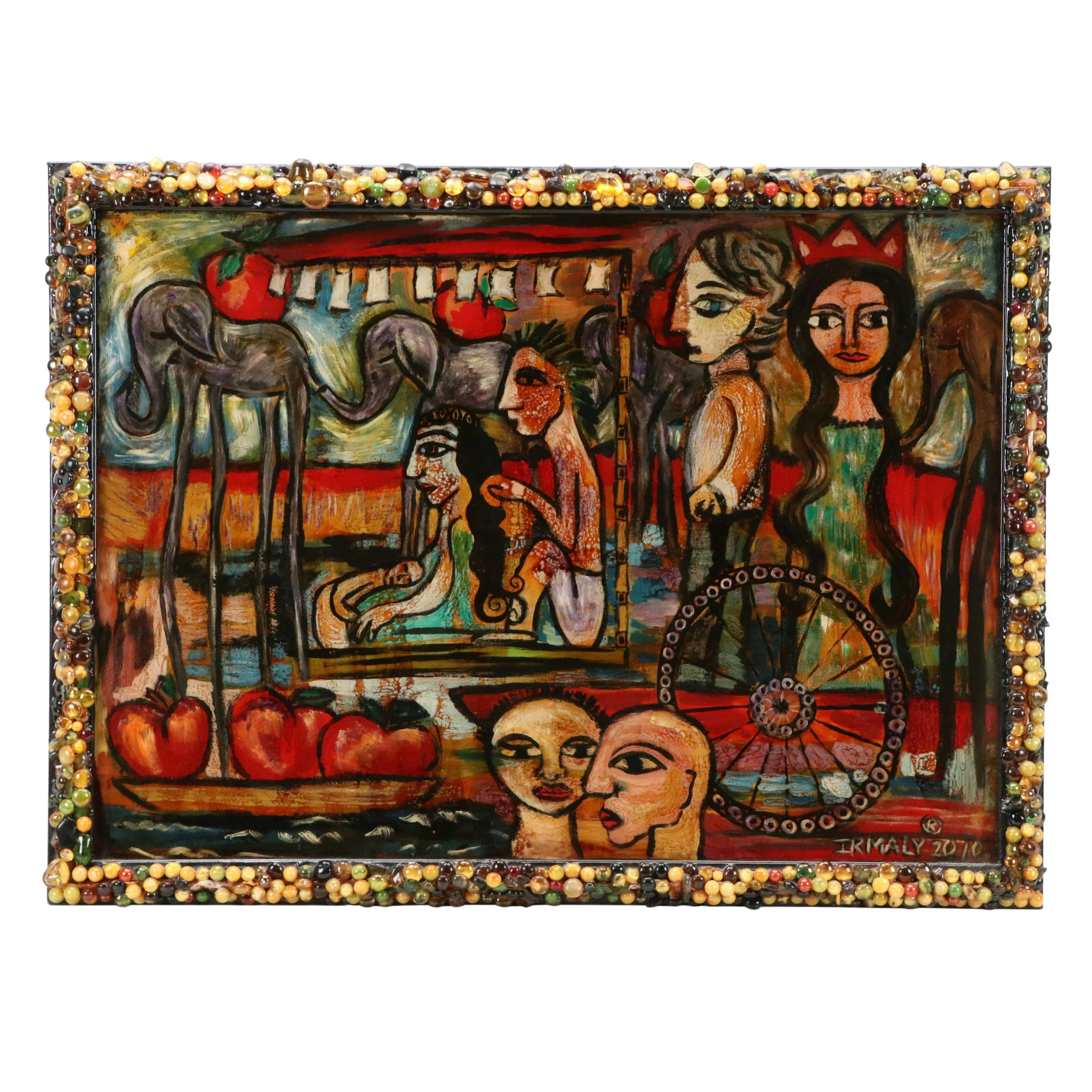 Irmaly Brackin Folk Art Mixed Media Resin Painting "Land of Apples," 2010