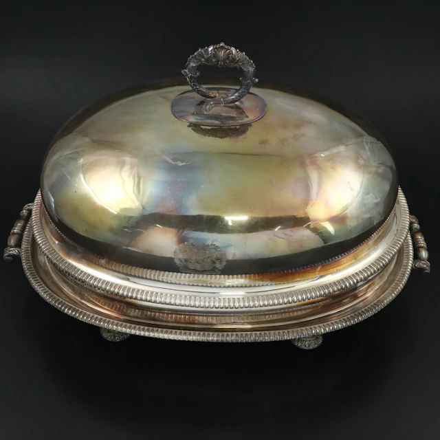 Georgian Style Armorial Engraved Domed Meat Platter, 19th Century