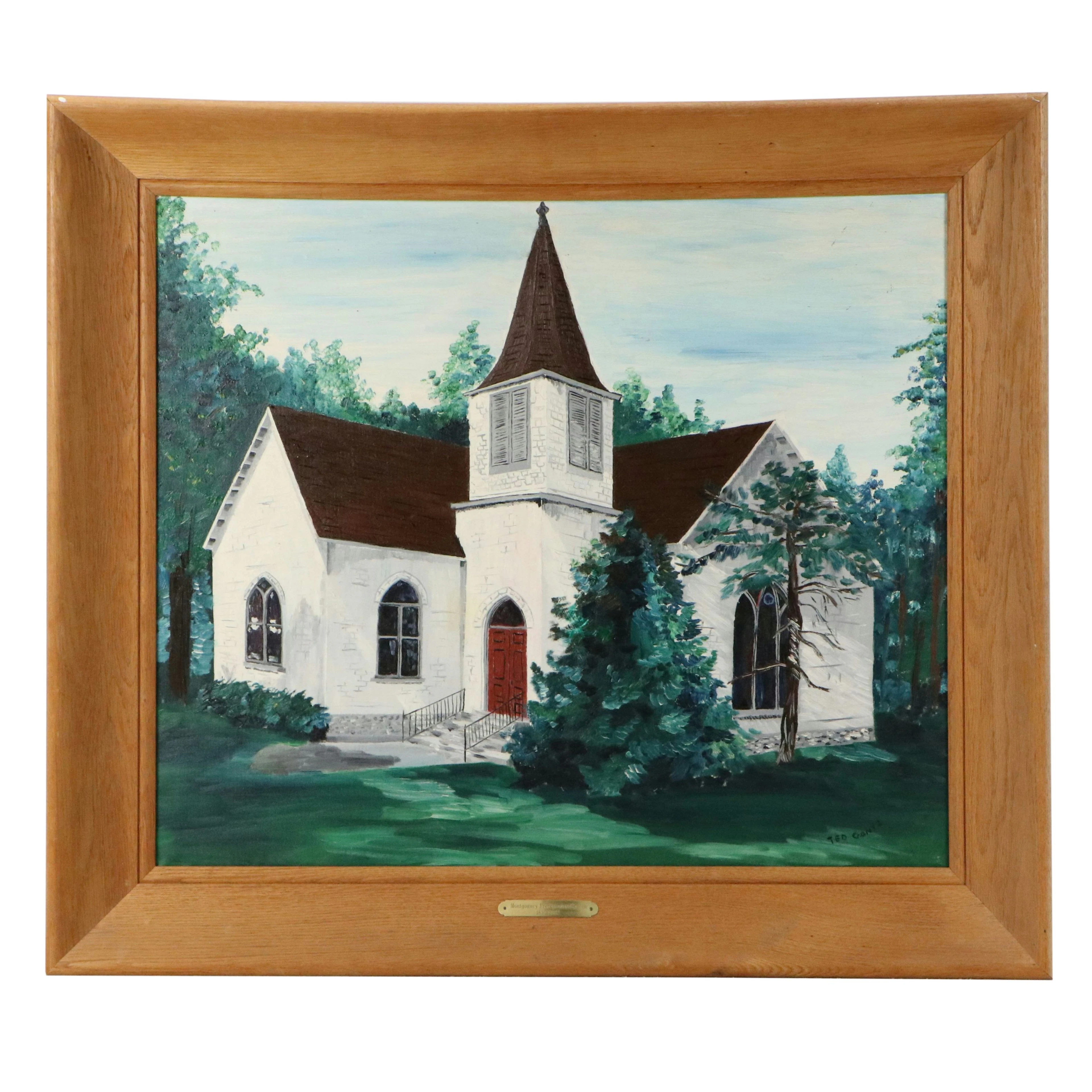 Ted Gantz Oil Painting "Montgomery Presbyterian Church," Mid to Late 20th C.
