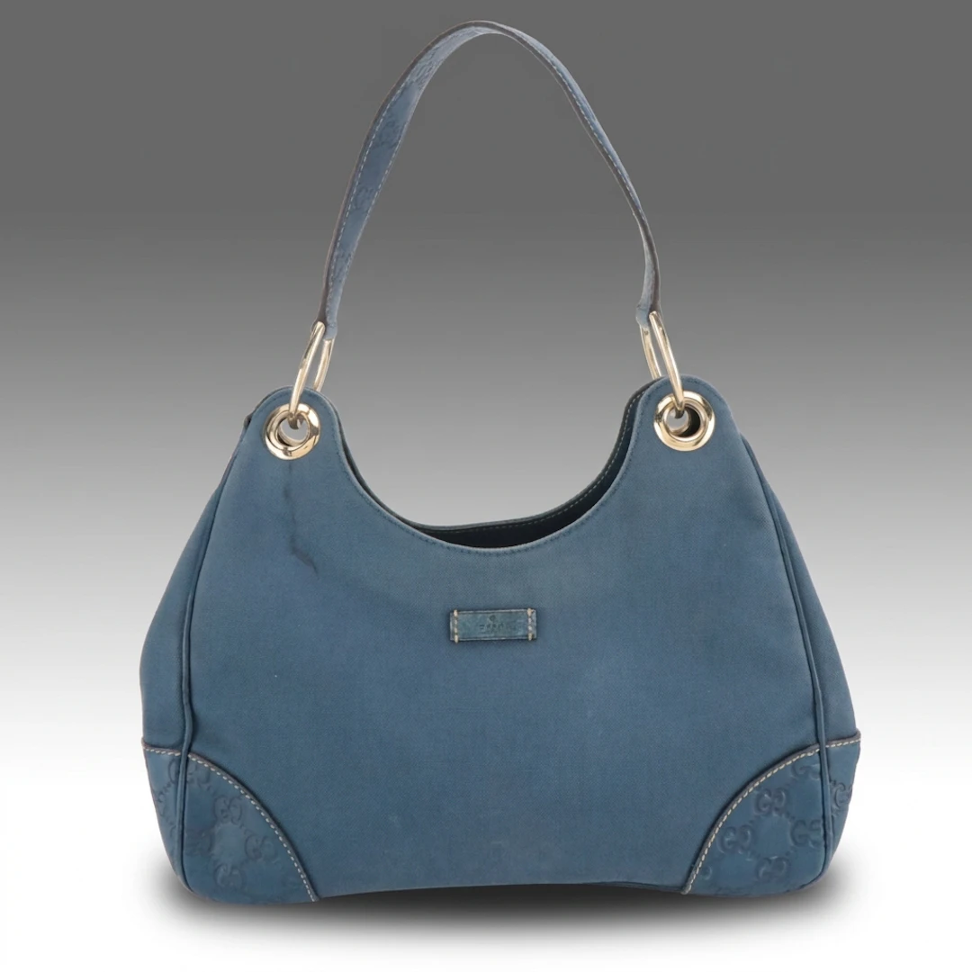 Gucci Shoulder Bag in Blue Canvas and Guccissima Leather
