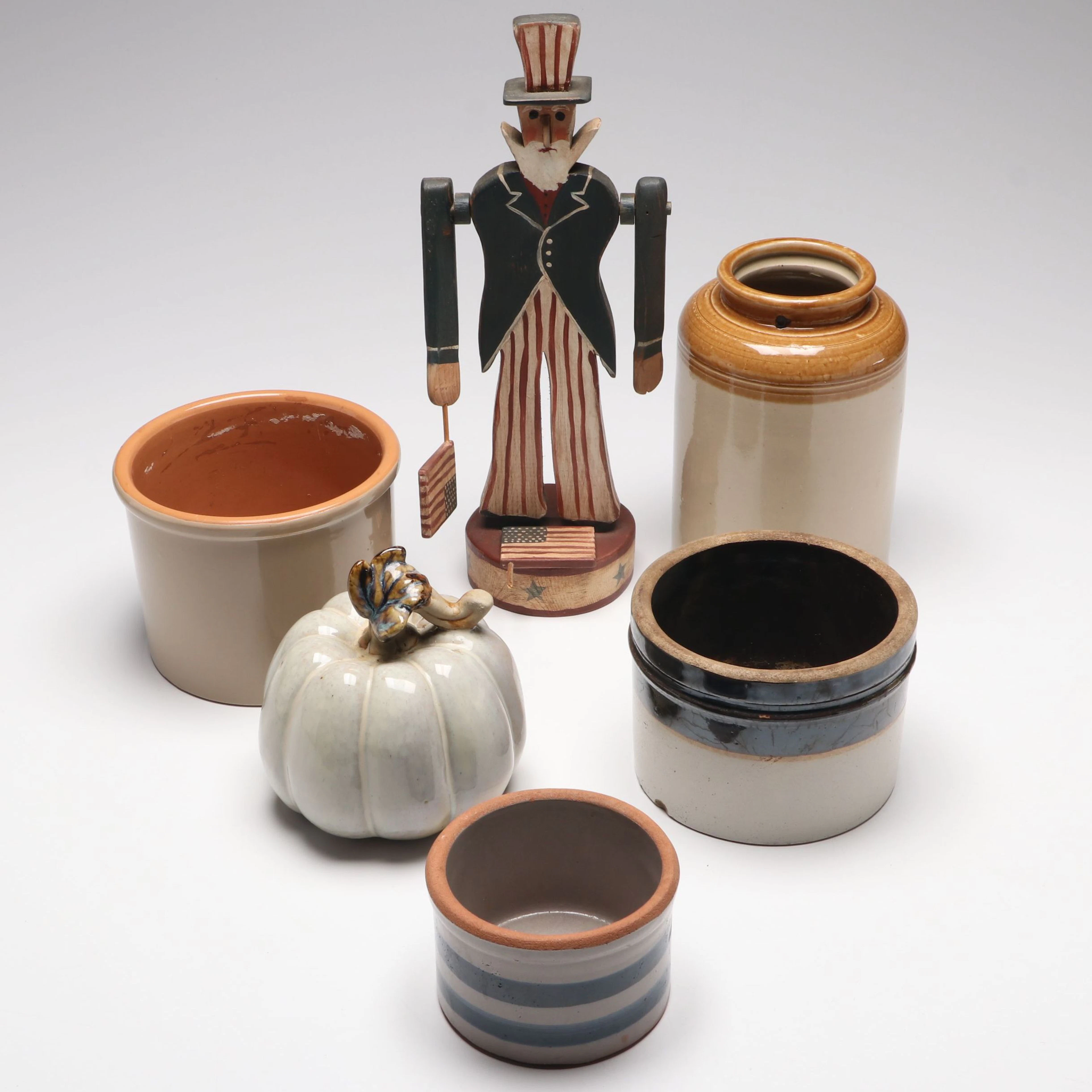 Folk Art Style Uncle Sam Figure with Stoneware Crocks, Other Pumpkin