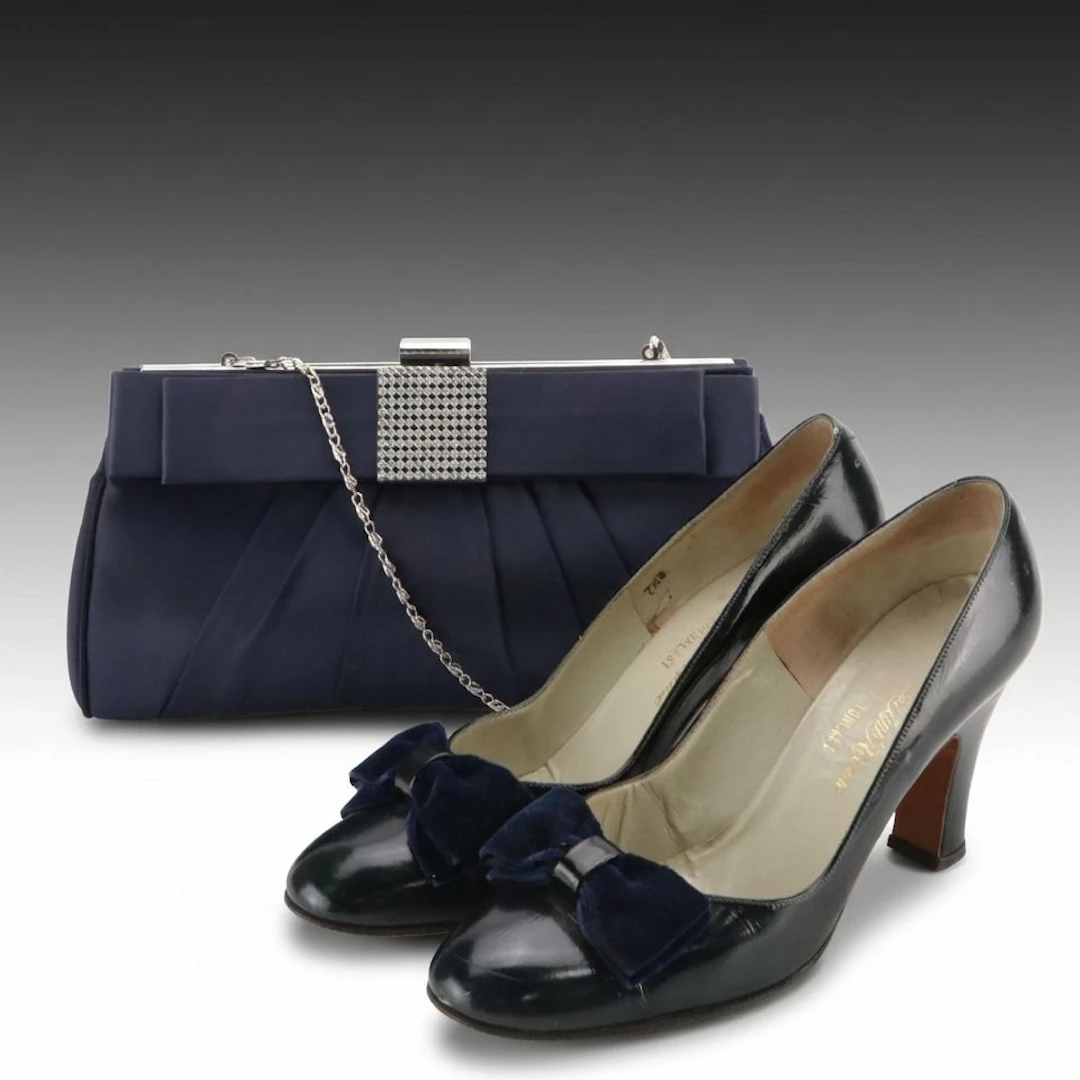 Saks Fifth Avenue Velvet Bow Leather Pumps and Lulu Townsend Rhinestone Bow Bag