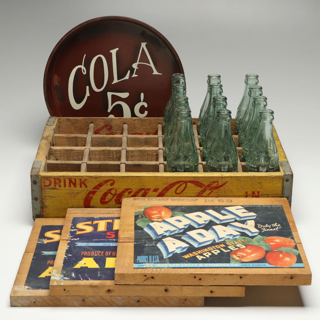 Coca-Cola Wooden Bottling Crate with More Advertising Memorabilia