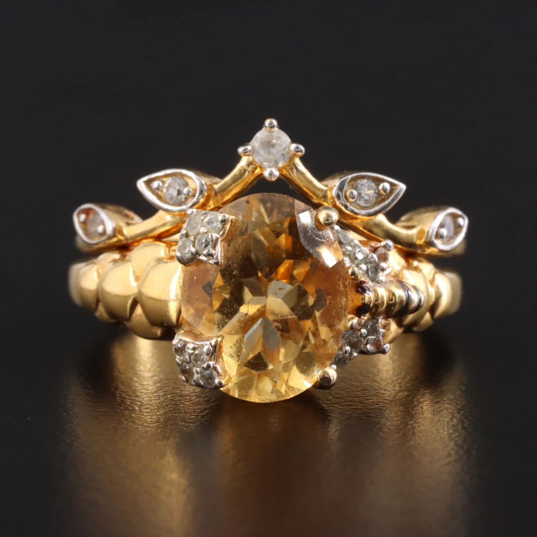 Sterling Citrine and White Topaz Bee Ring and Nesting Band