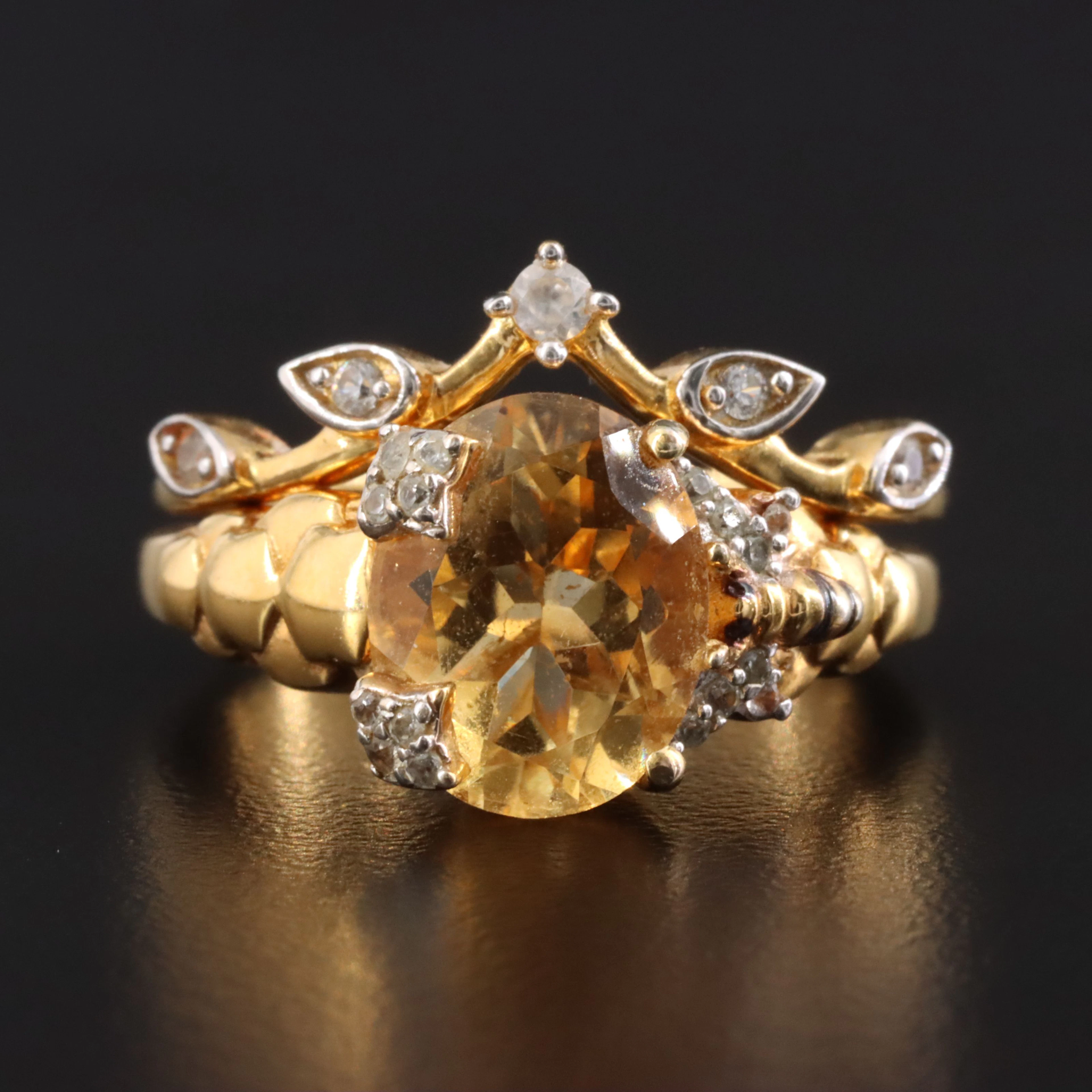 Sterling Citrine and White Topaz Bee Ring and Nesting Band