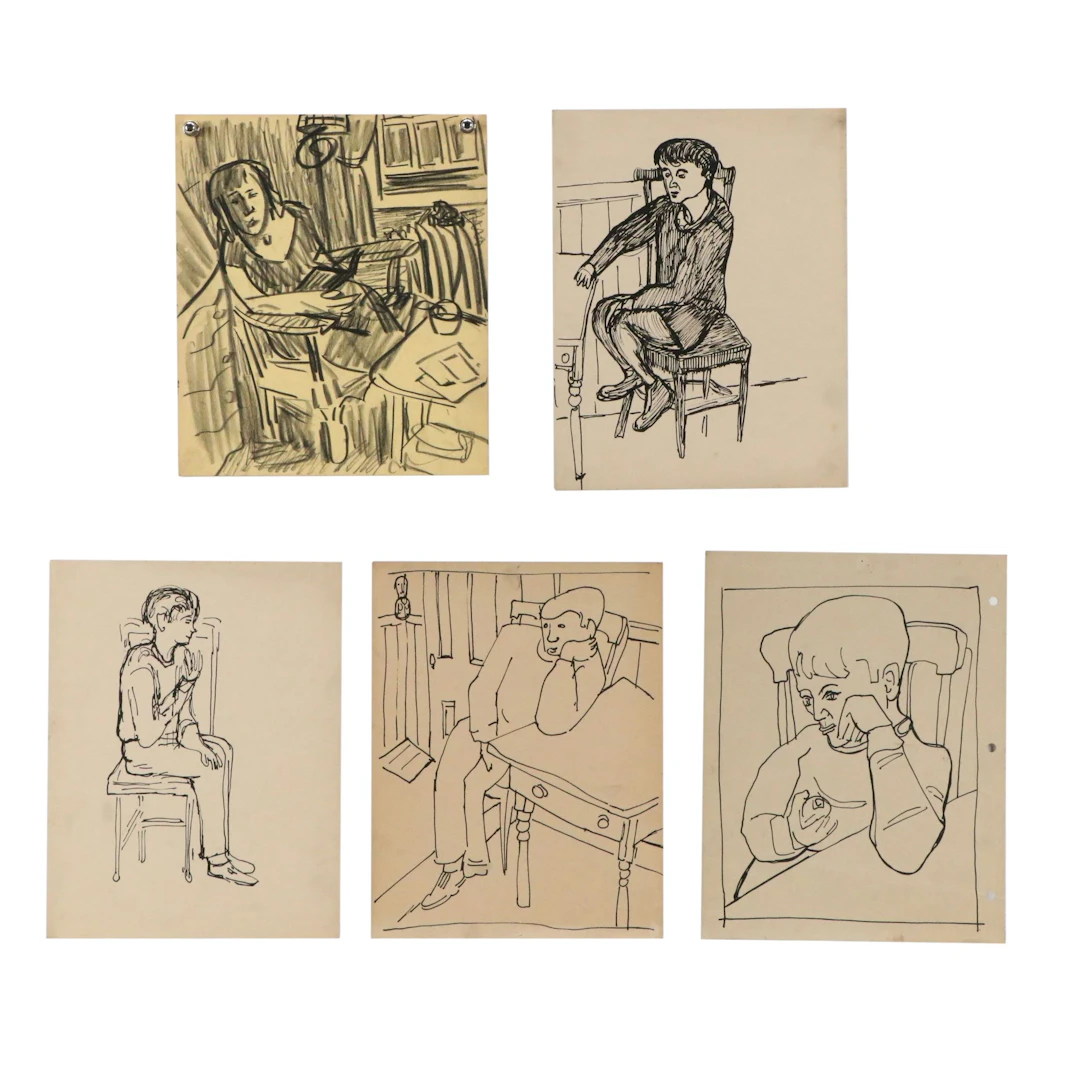 Achillo “Achi” Sullo Ink and Pastel Drawings of Seated Figure Studies
