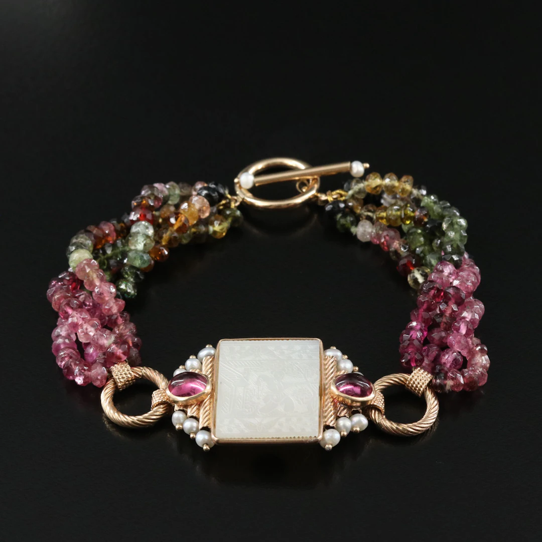14K Multicolor Tourmaline & Pearl Bracelet with Mother-of-Pearl Gaming Counter