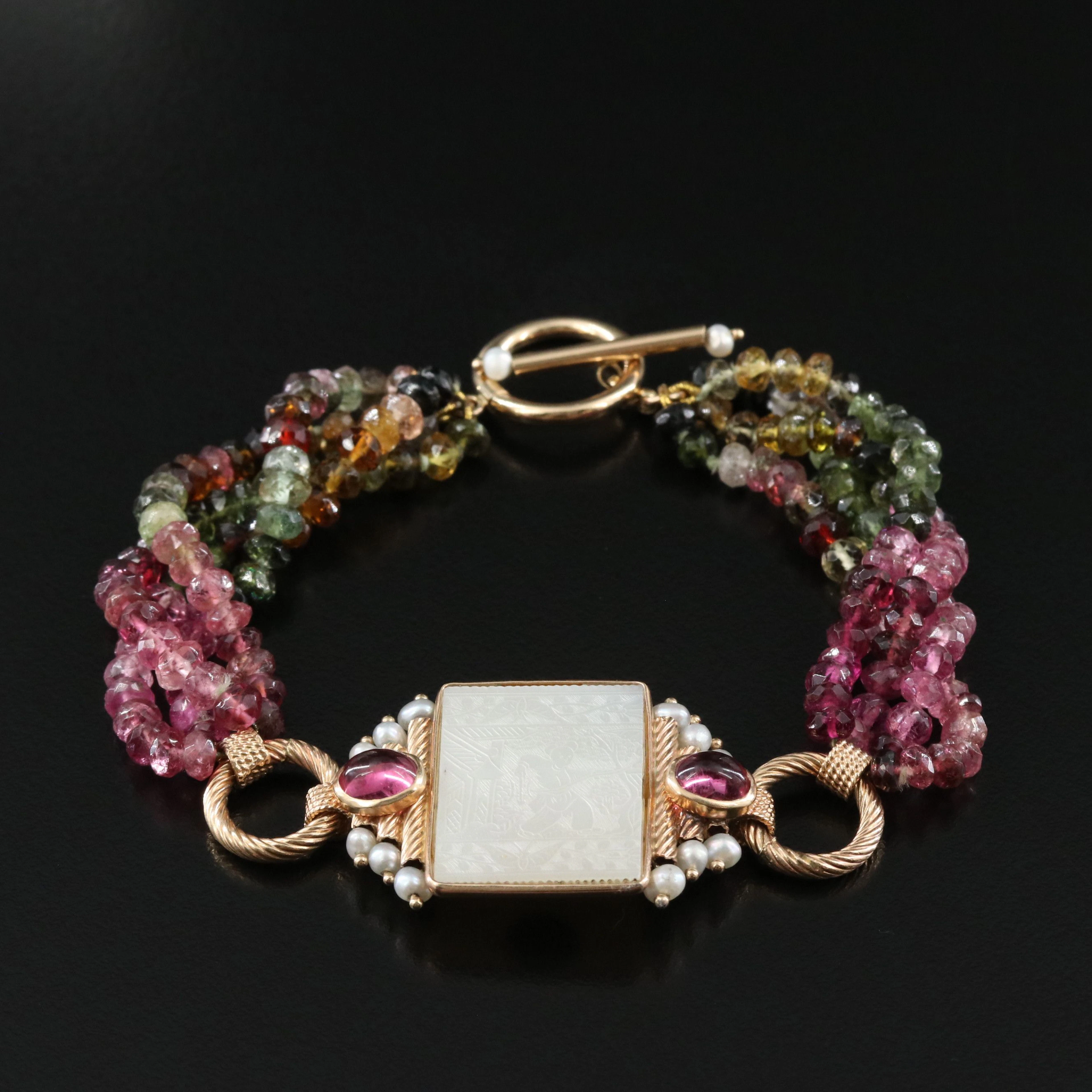 14K Multicolor Tourmaline & Pearl Bracelet with Mother-of-Pearl Gaming Counter