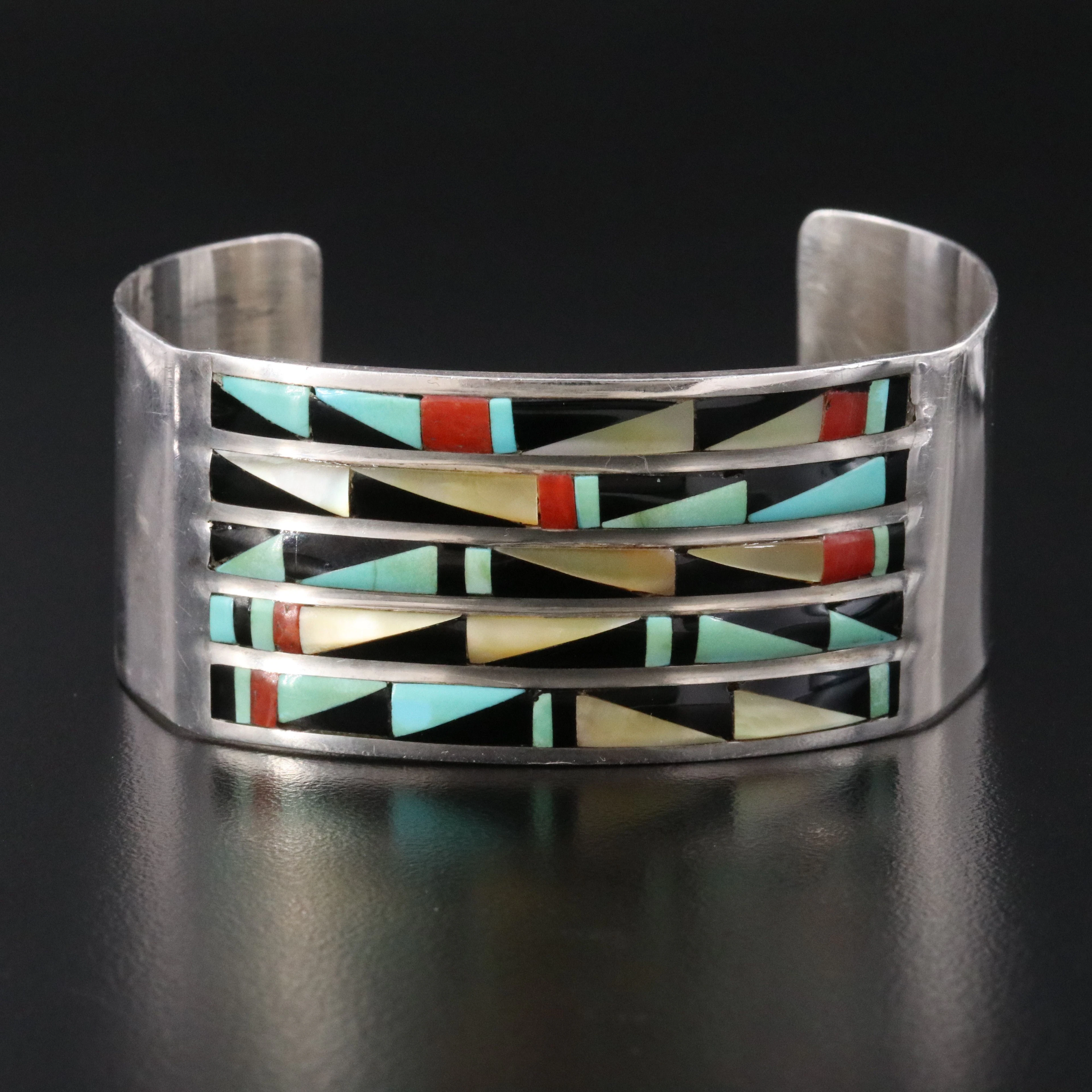 Signed Southwestern Sterling Turquoise and Coral Inlay Cuff Bracelet