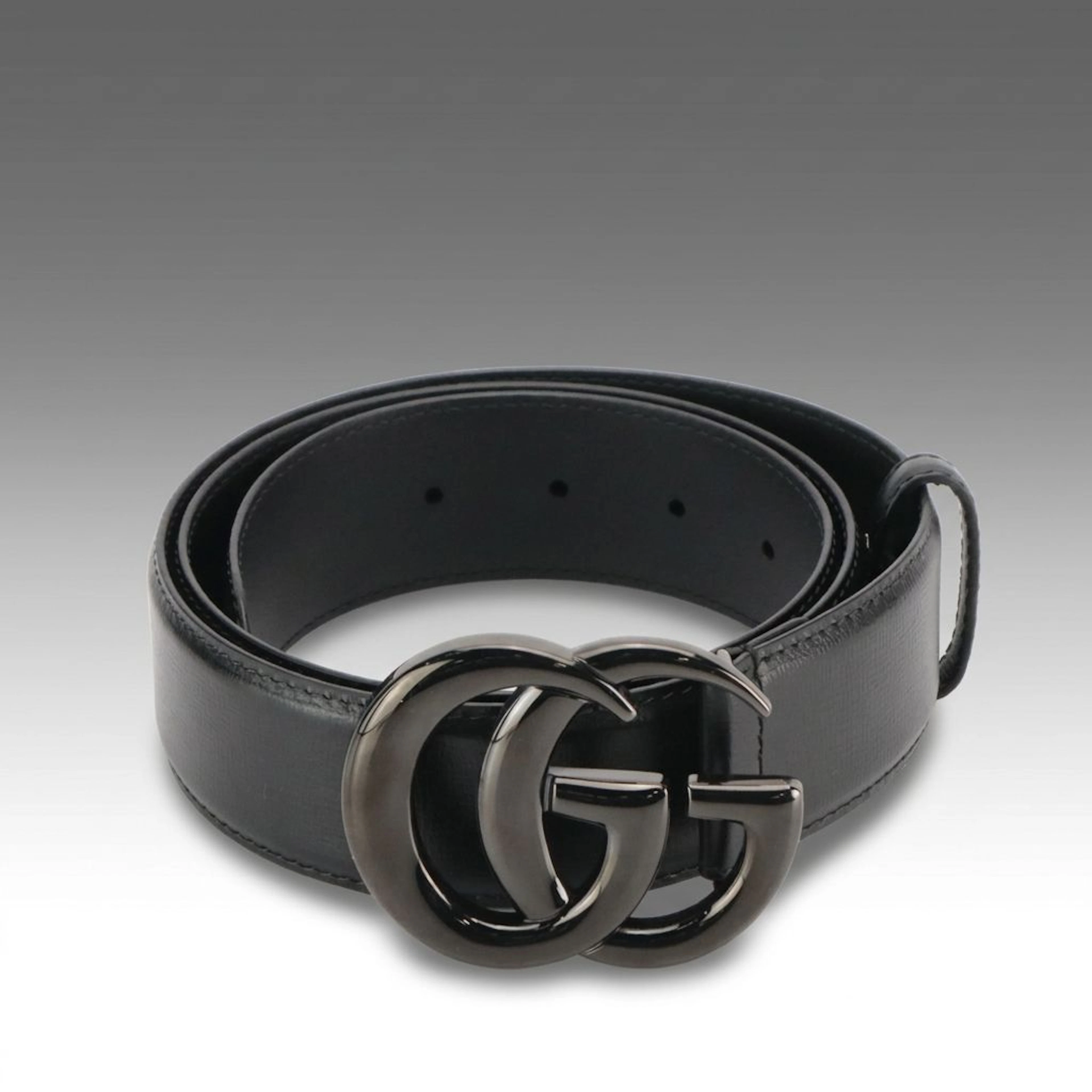 Gucci Black Ceramic Effect GG Marmont Wide Belt in Black Textured Calfskin