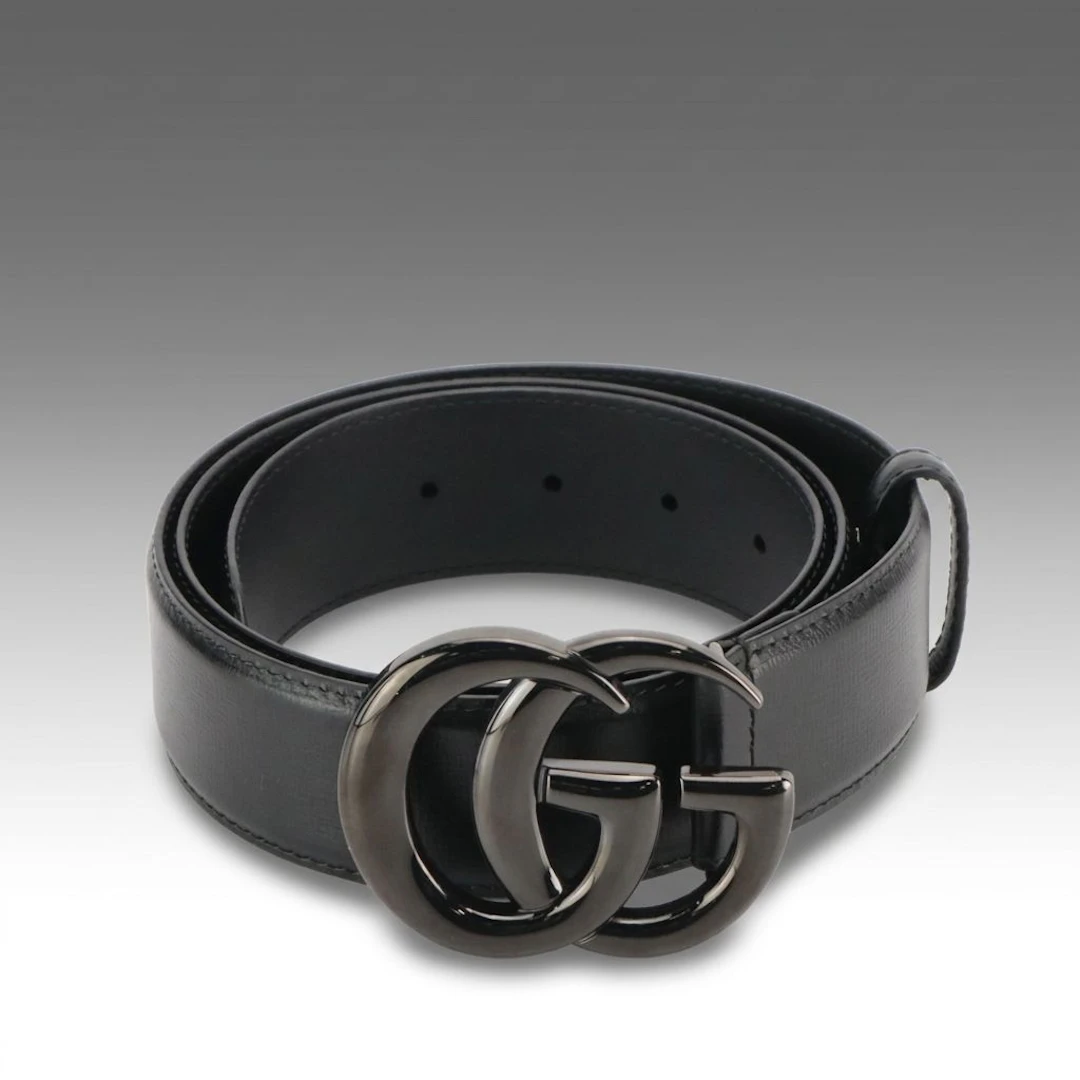 Gucci Black Ceramic Effect GG Marmont Wide Belt in Black Textured Calfskin
