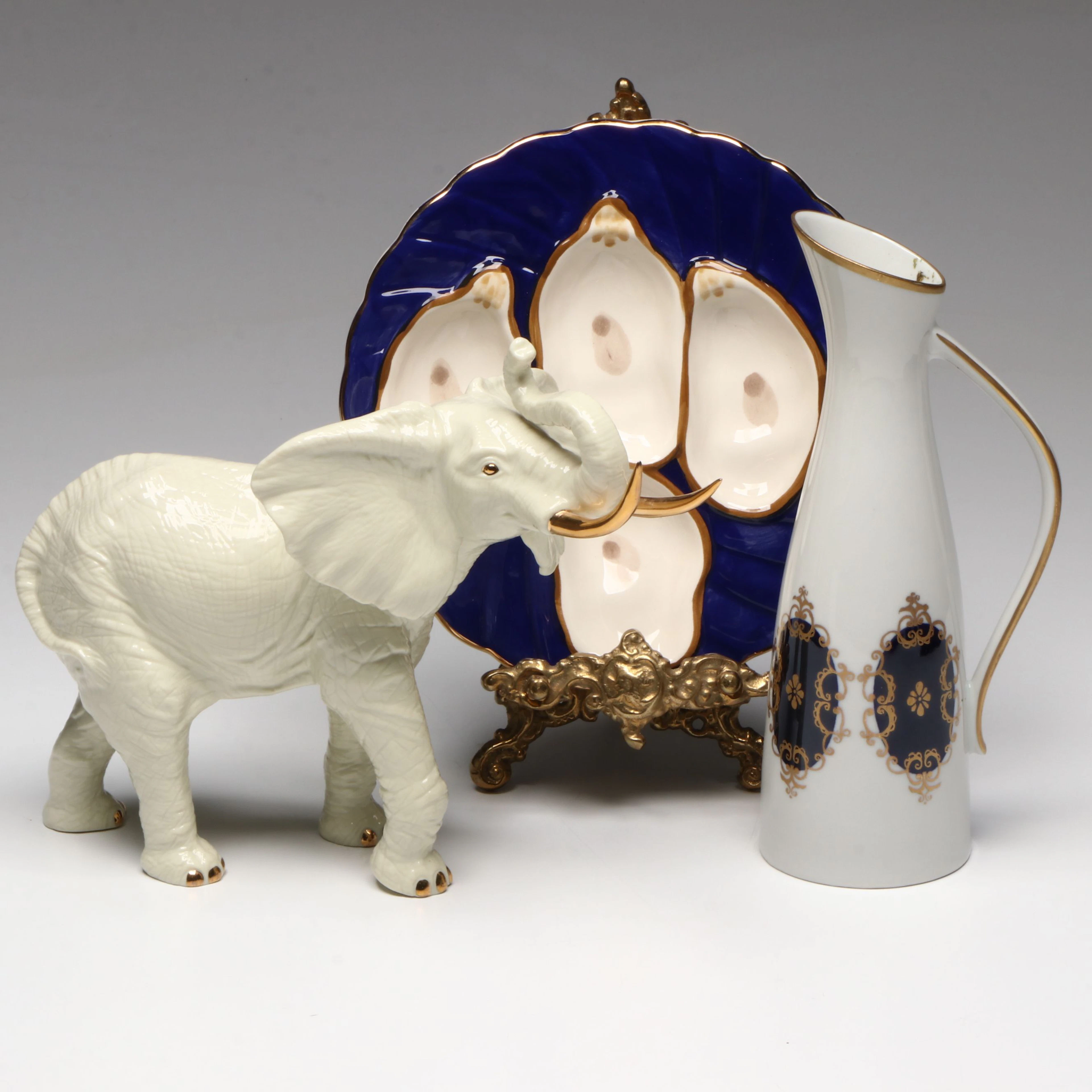 Lenox Elephant Figurine with Volkstedt Pitcher and Victorian Style Oyster Plate