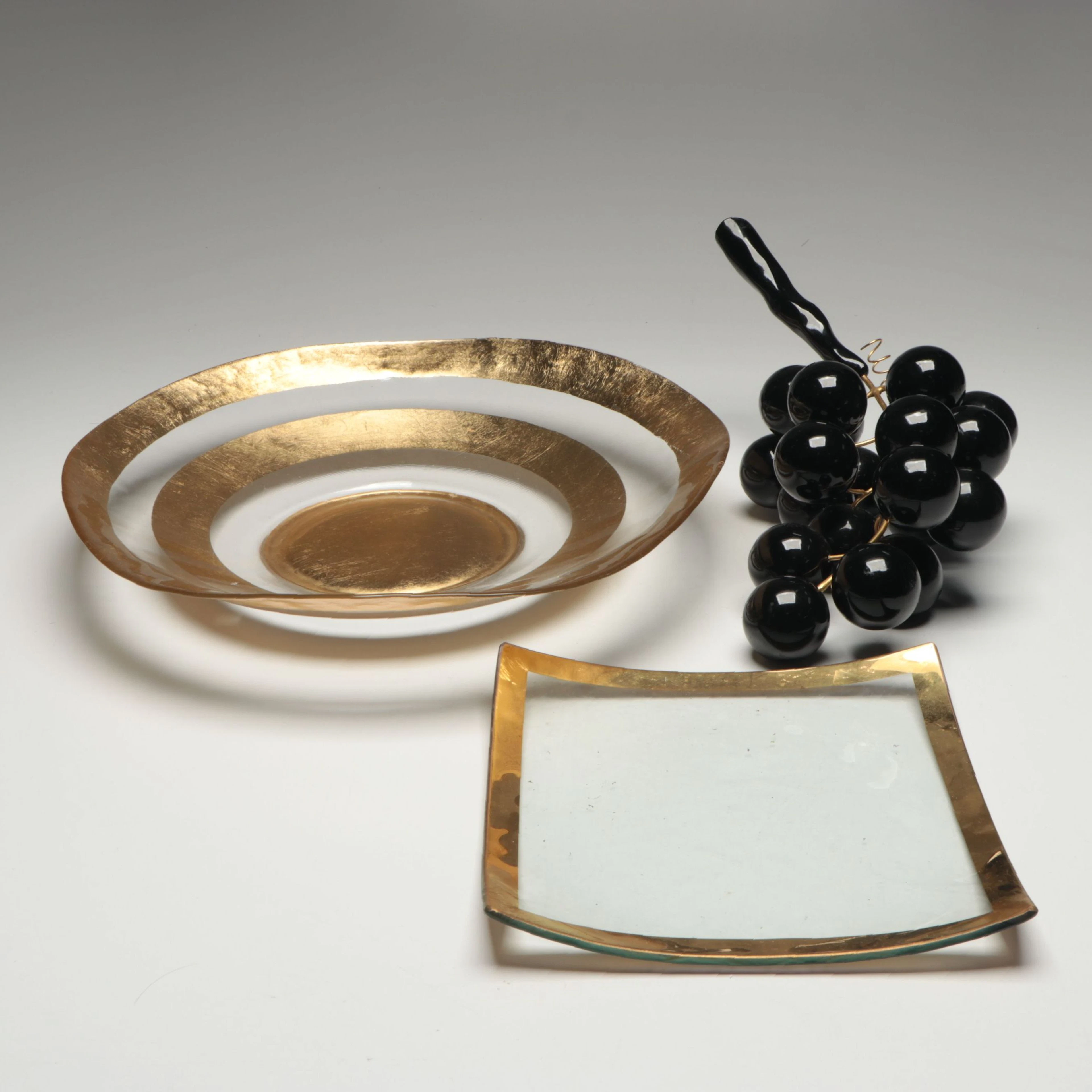 Annie Glass Gilt Rimmed Square Plate with Bowl and Grapes