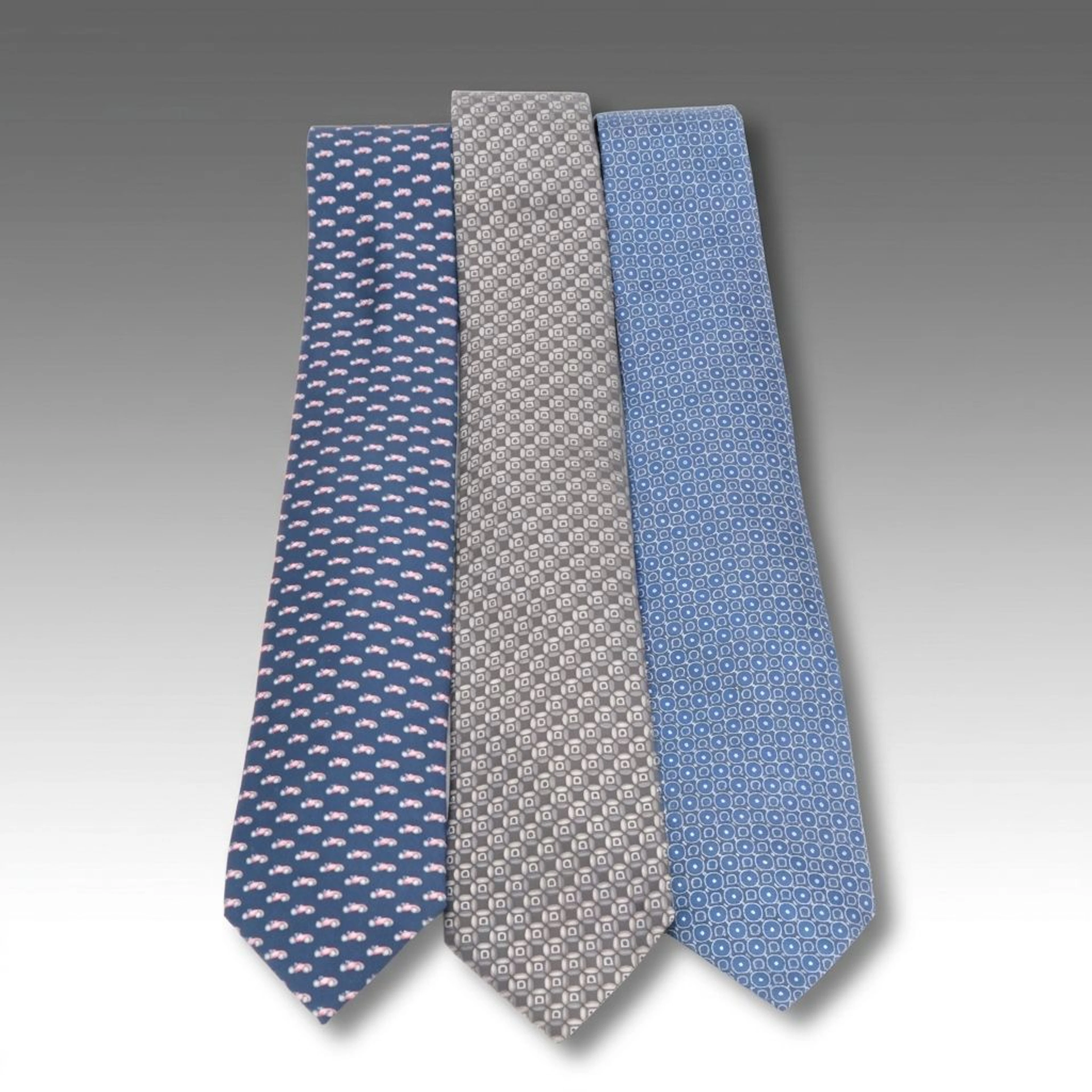 Salvatore Ferragamo Geometric Gancini and Race Car Pattern Silk Neckties