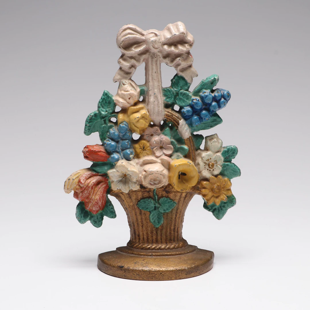 Painted Cast Iron Spring Floral Doorstop, Early 20th Century