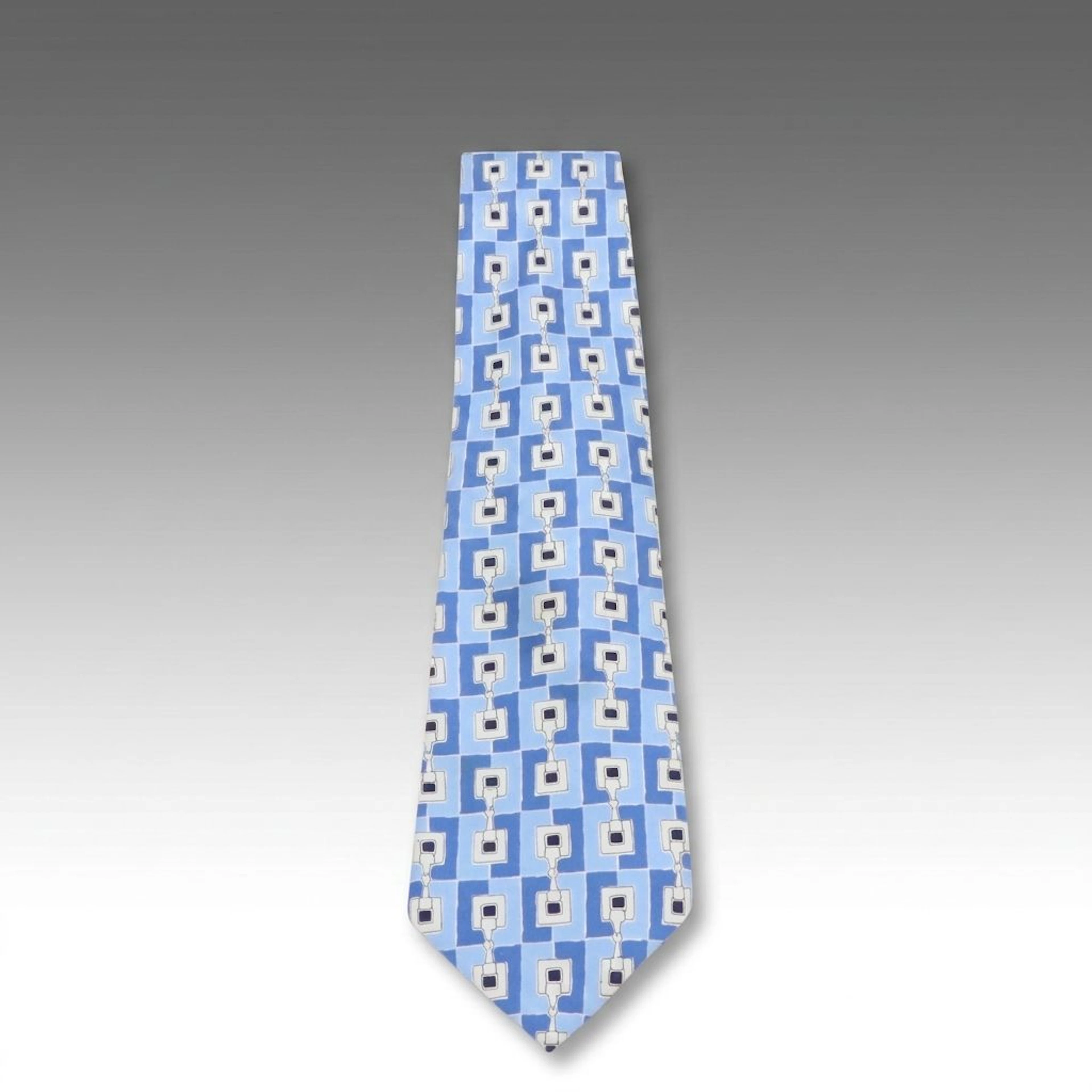 Gucci Silk Neck Tie with Checked Blue and White Geometric Horsebit Pattern