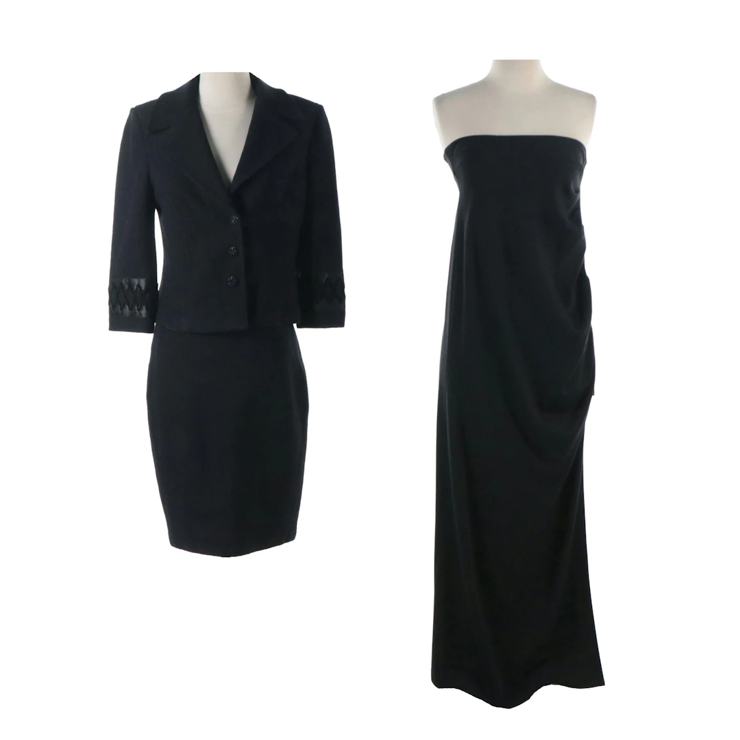 St. John Couture Santana Knit Skirt Suit & Caviar Knit Strapless Side-Slit Gown