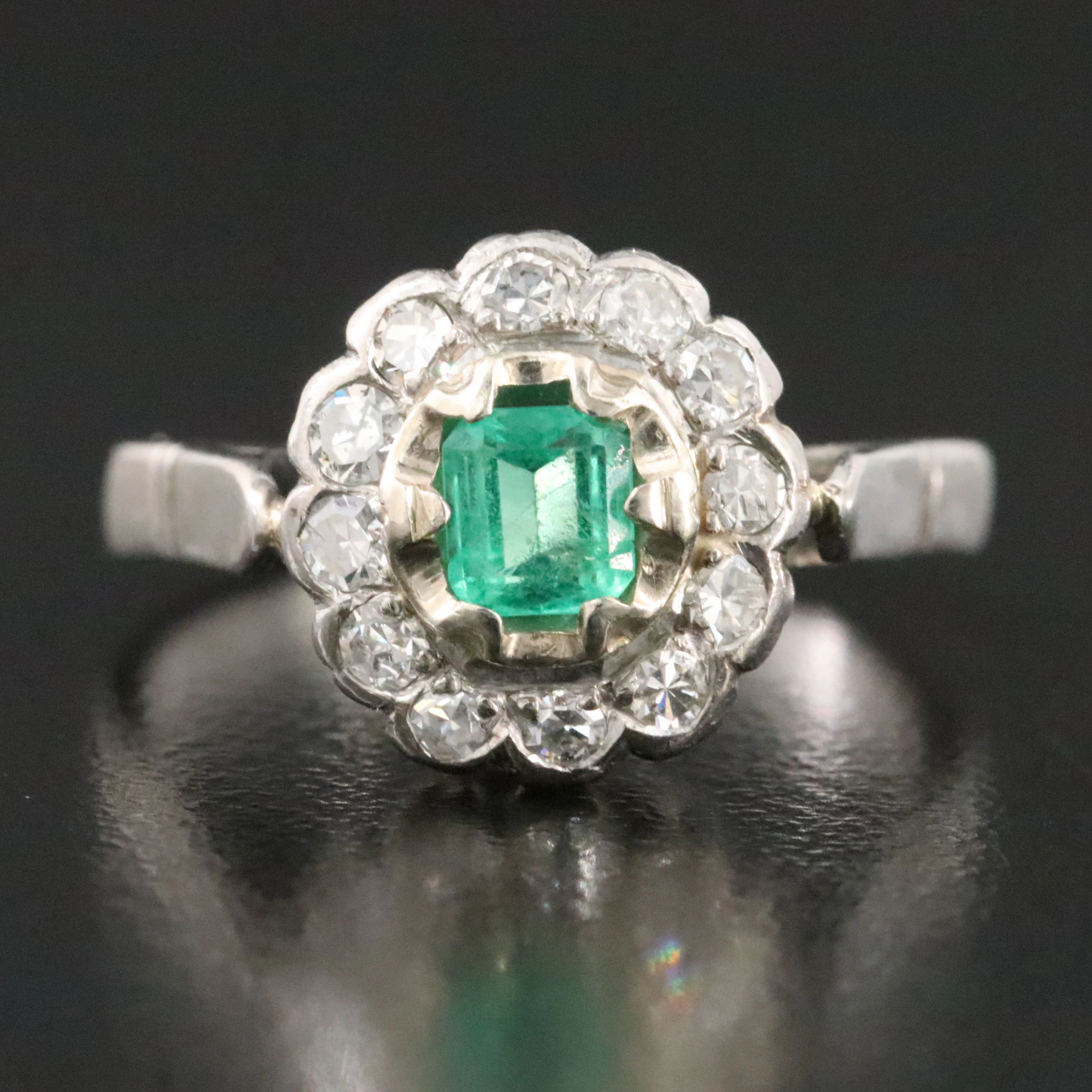 Silver Palladium Alloy Emerald and Diamond Ring