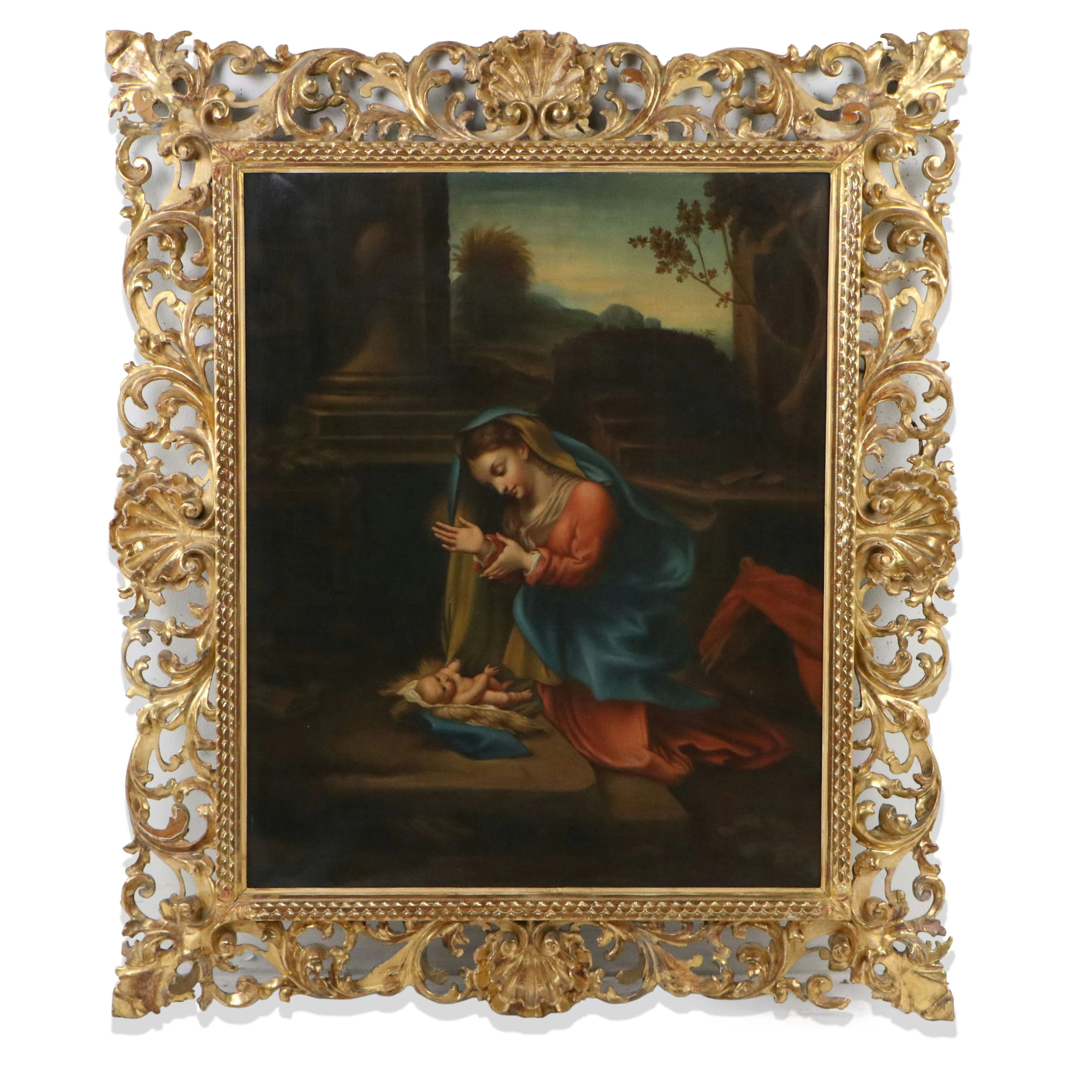Oil Painting After Correggio “Adoration of the Christ Child,” 19th Century