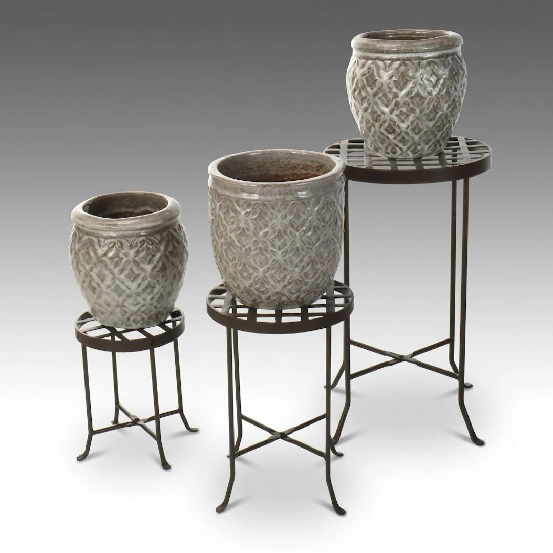 Glazed Earthenware Planters with Metal Lattice Plant Stands
