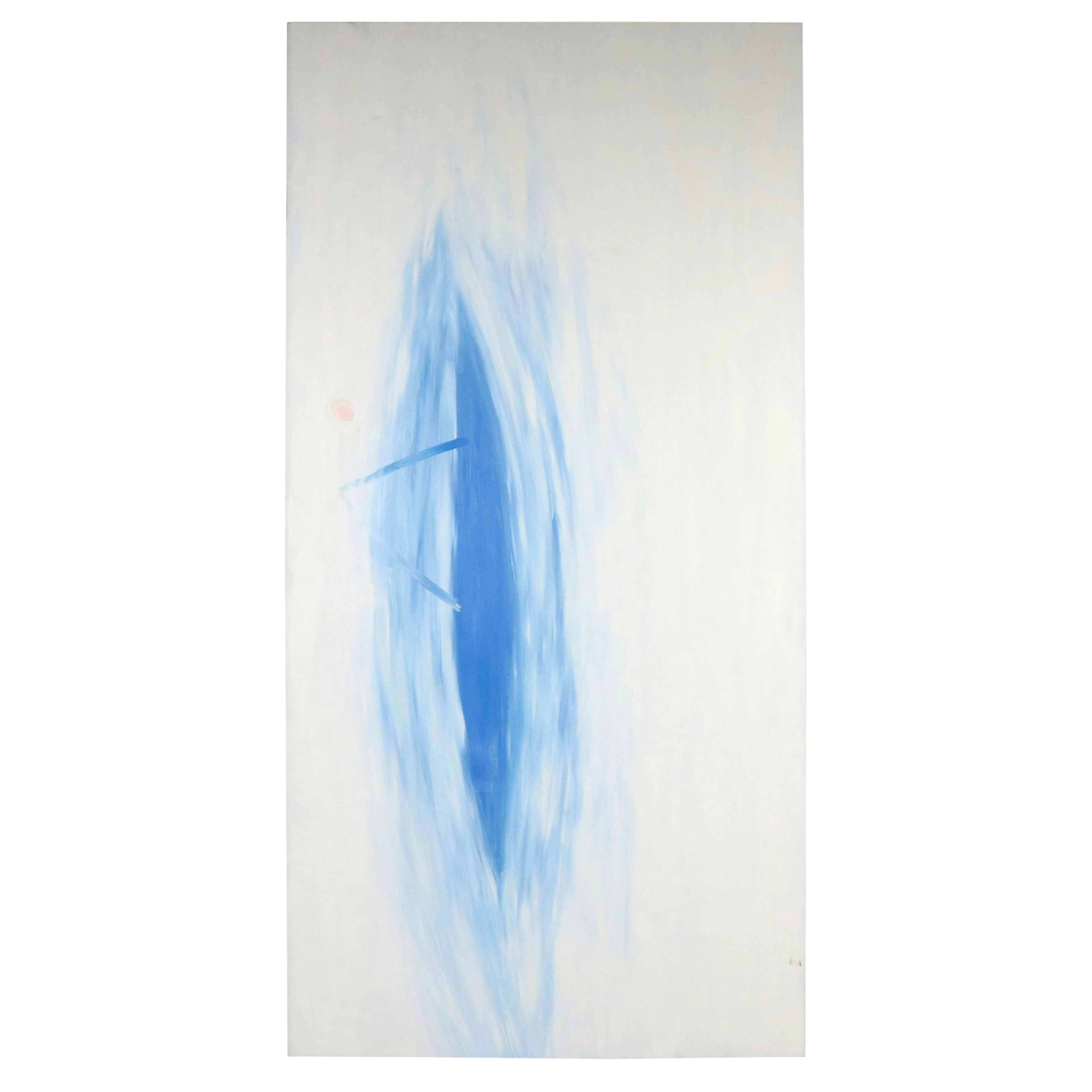 Minimalist Textured Abstract Oil Painting with Blue Patch and Shapes