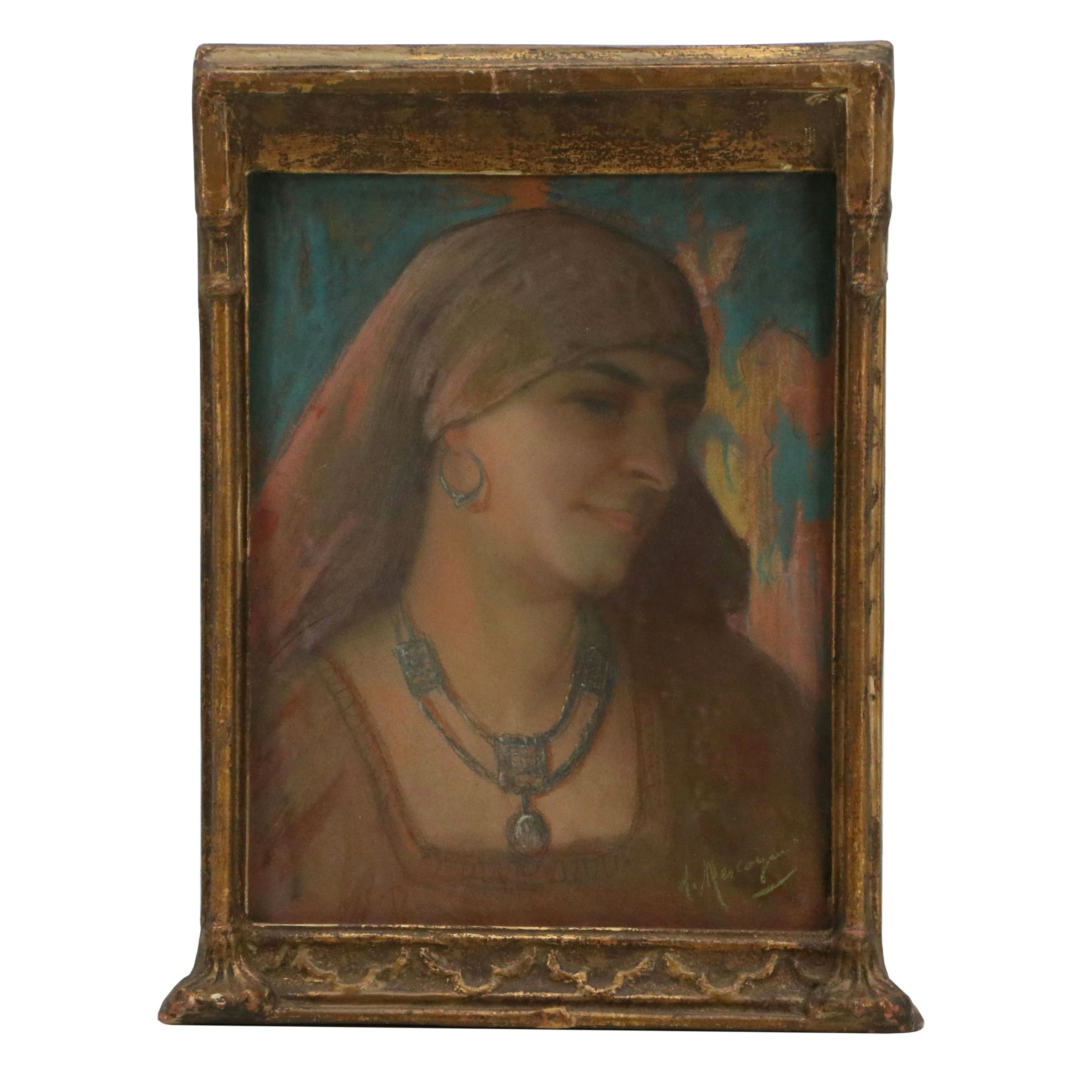 Orientalist Pastel Portrait Drawing in Arts and Crafts Tabernacle Frame