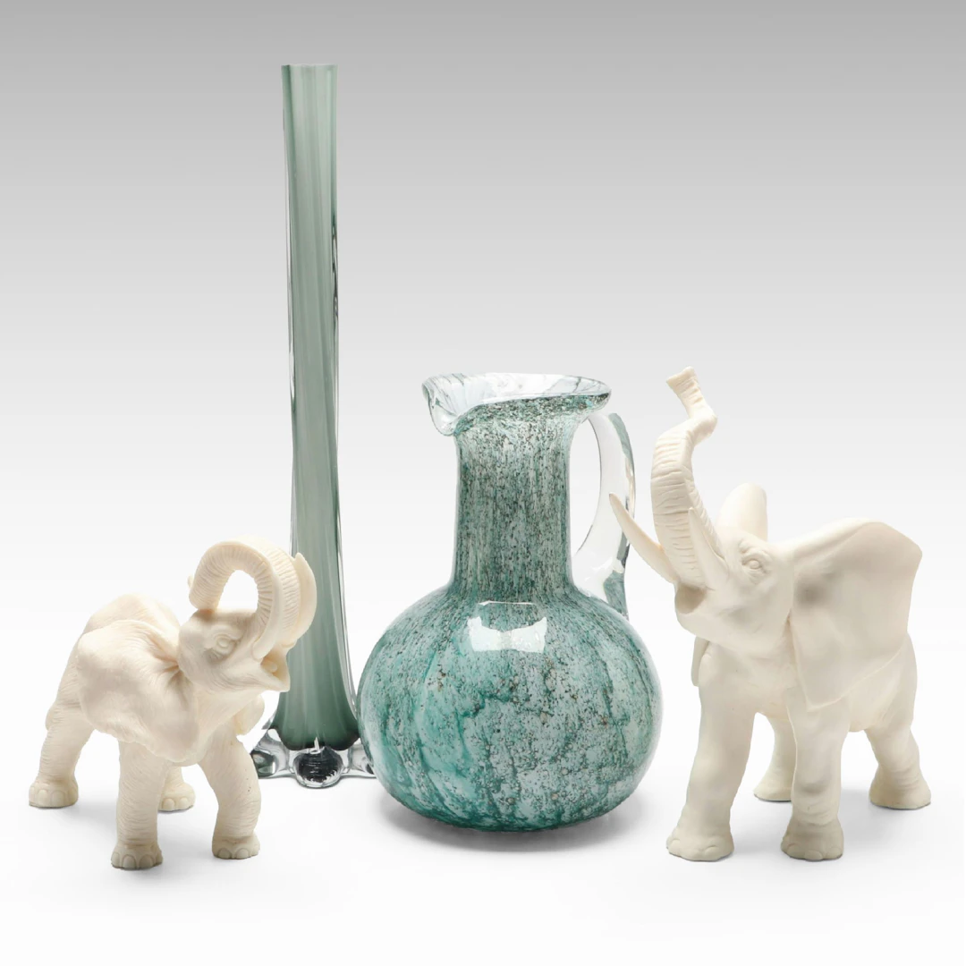 Resin Elephant Figurines with Art Glass Pitcher and Vase