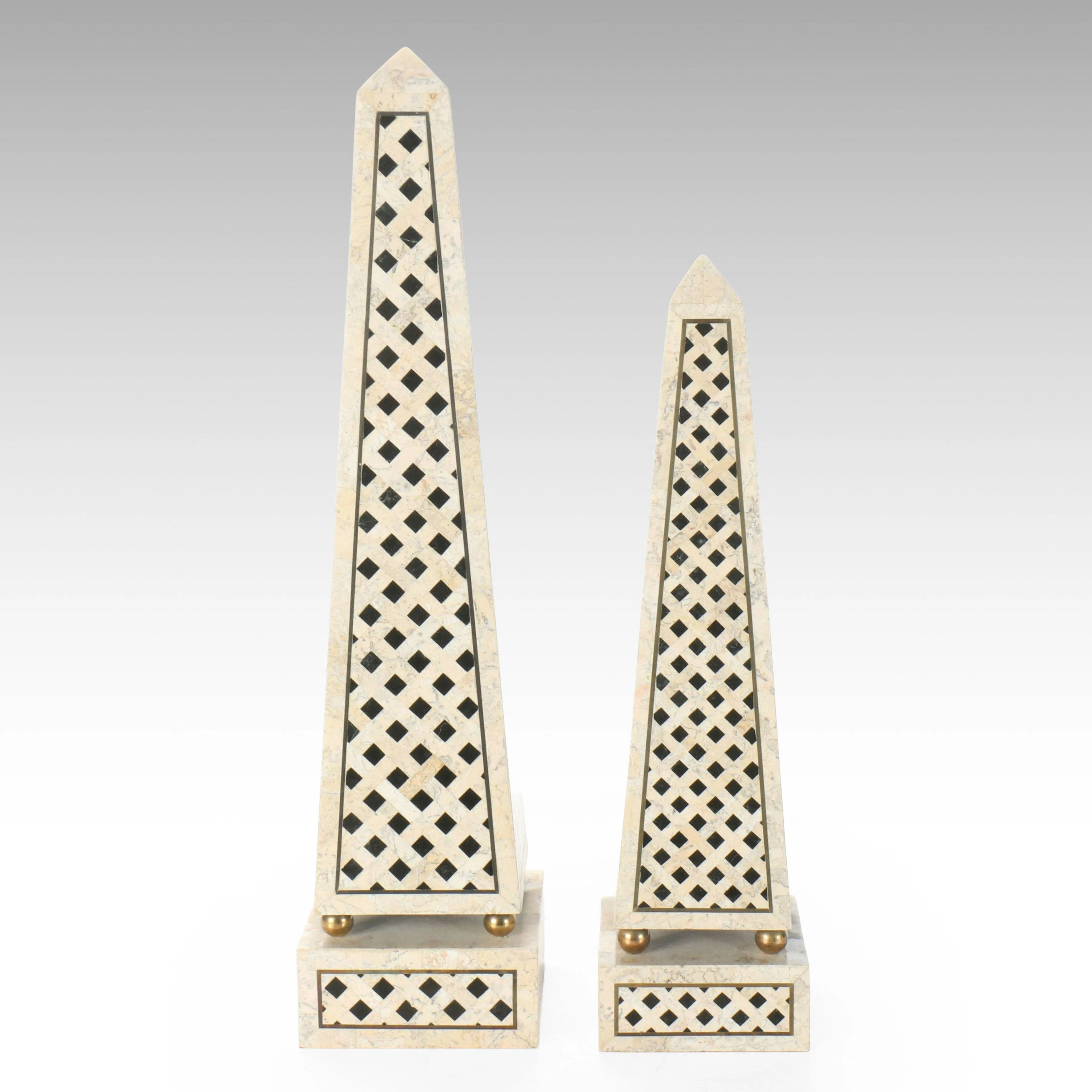 Hollywood Regency Style Diamond Patterned Marble Obelisks