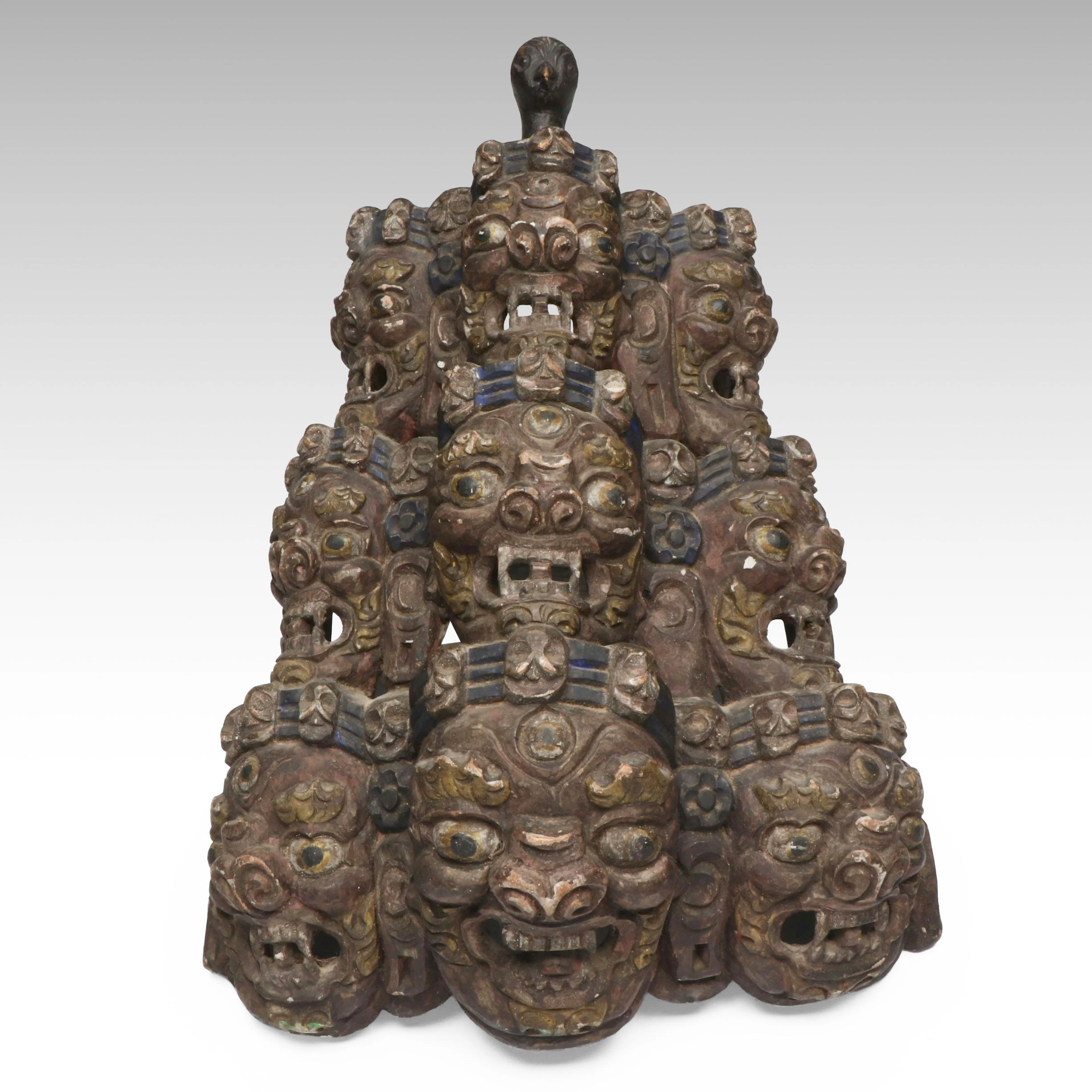 Tibetan Wooden Multi-Face Wall Hanging