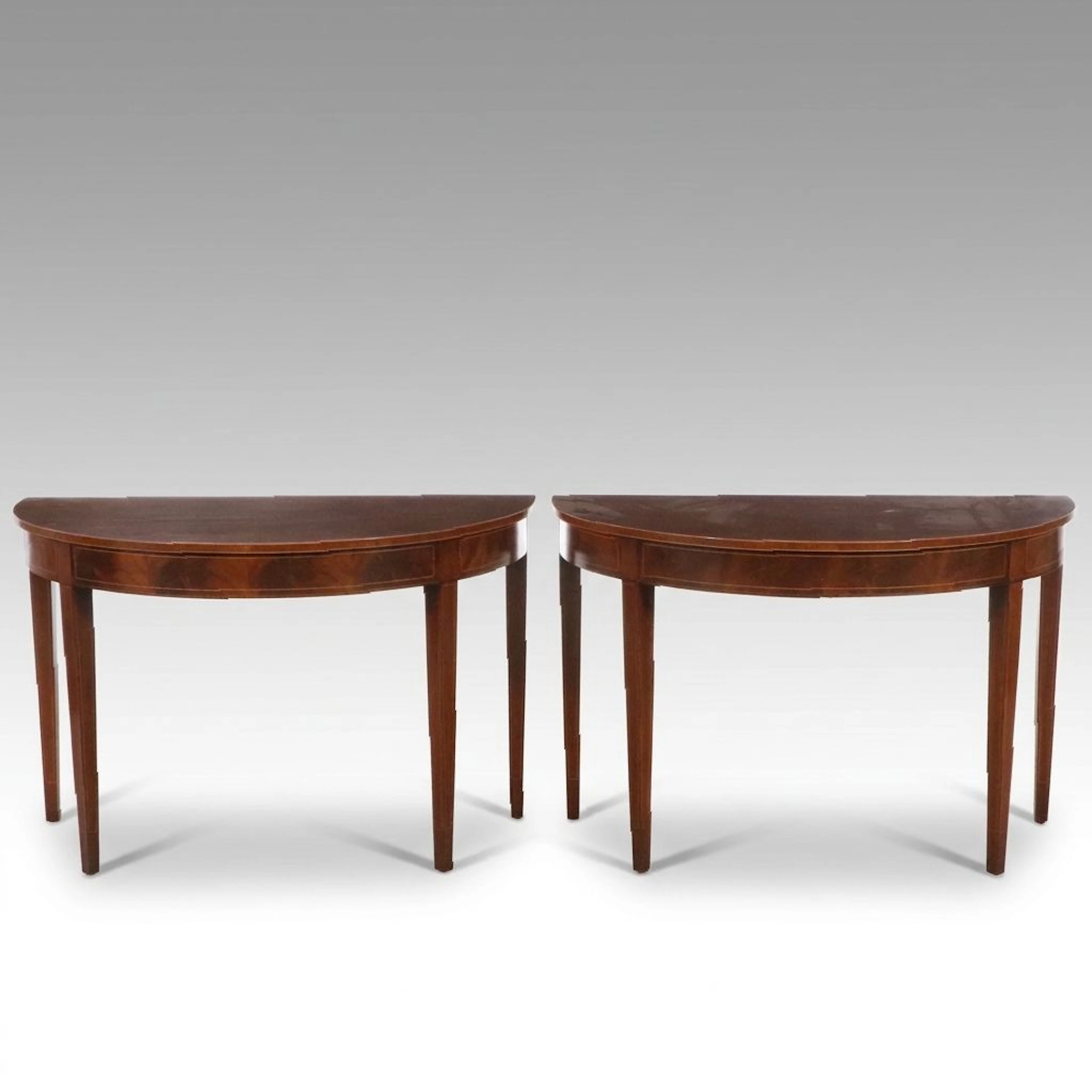 Pair of Federal Style Inlaid Mahogany Demilune Console Tables