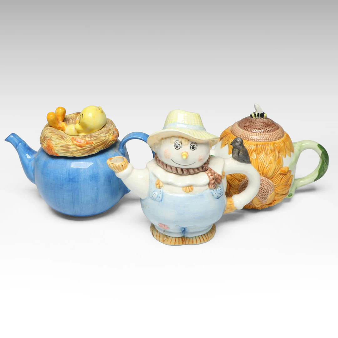 Tweety Bird, Sunflower and Scarecrow Novelty Ceramic Teapots, Vintage