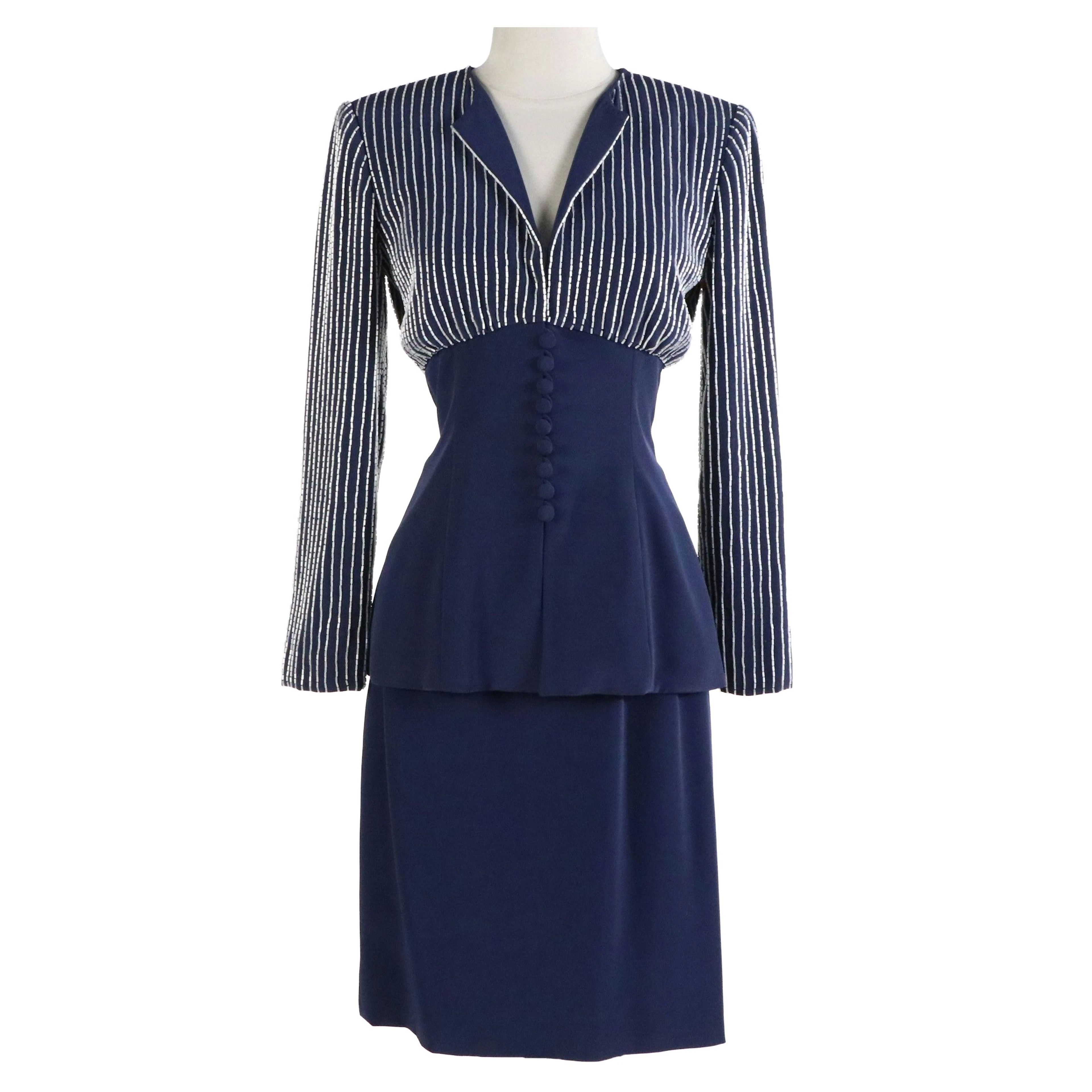 Bob Mackie Beaded Pinstriped Cocktail Jacket and Pencil Skirt Set