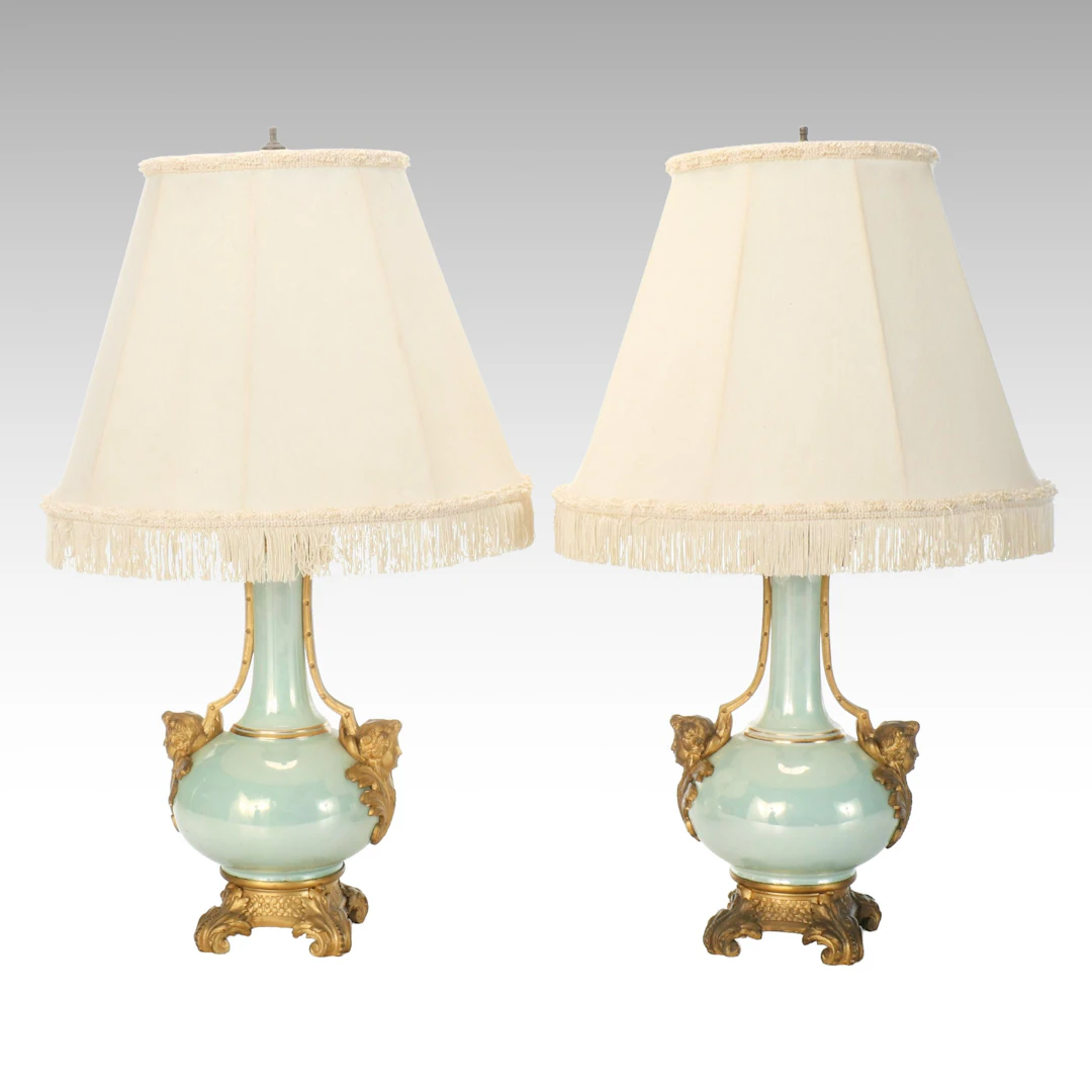 Pair of Empire Style Gilt Metal-Mounted Green Luster Vasiform Table Lamps