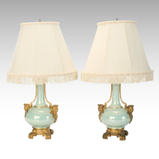 Pair of Empire Style Gilt Metal-Mounted Green Luster Vasiform Table Lamps