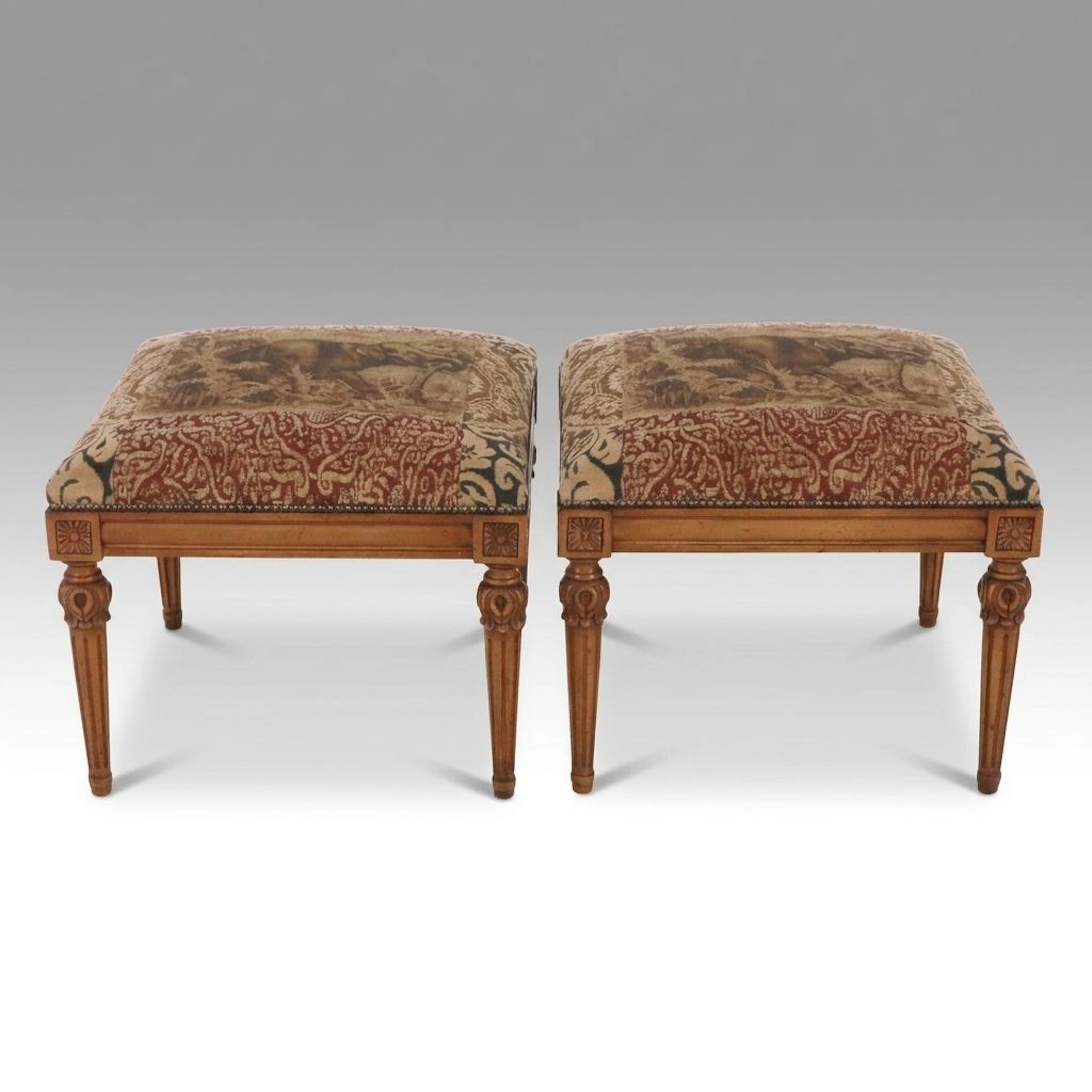 Pair of Louis XVI Style Tapestry Upholstered Ottomans, 20th Century